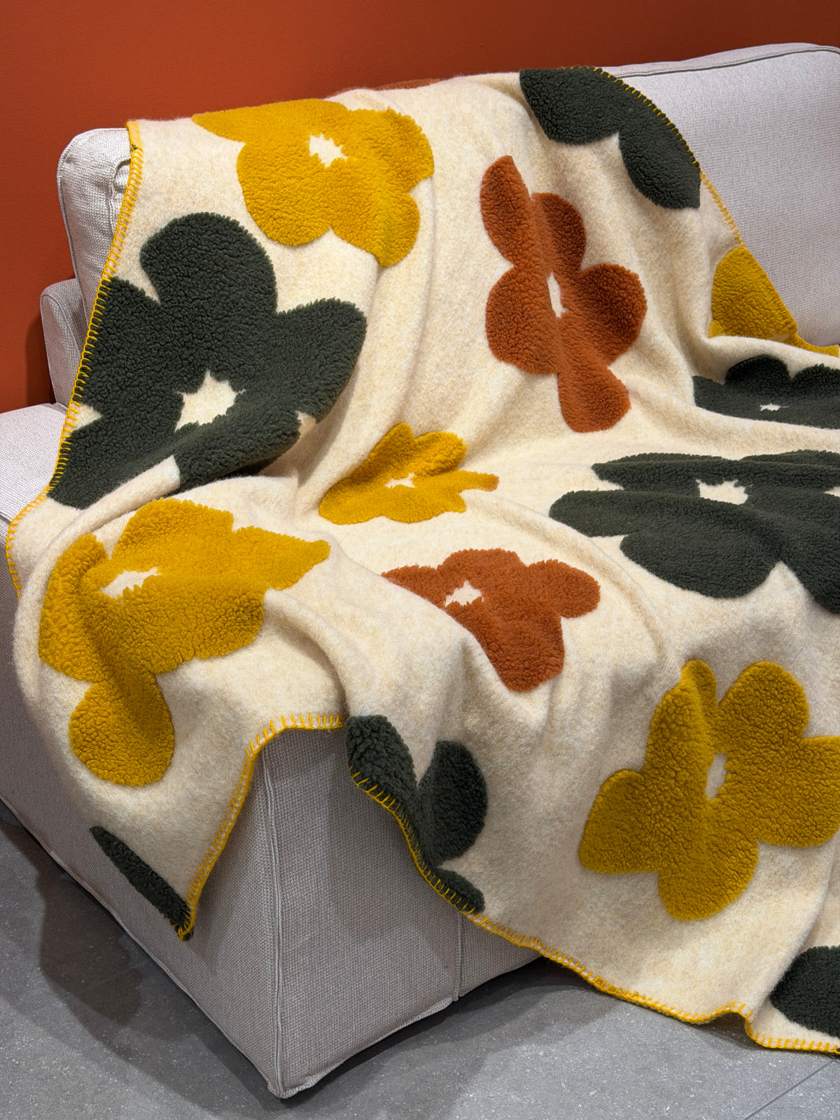 Plaid Lana Cotta Italiana POP ART FLOWERS Soggiorno Moreali Tessile Casa Plaid 150 x 170 Cachemire - Ocra/Coccio/Verde