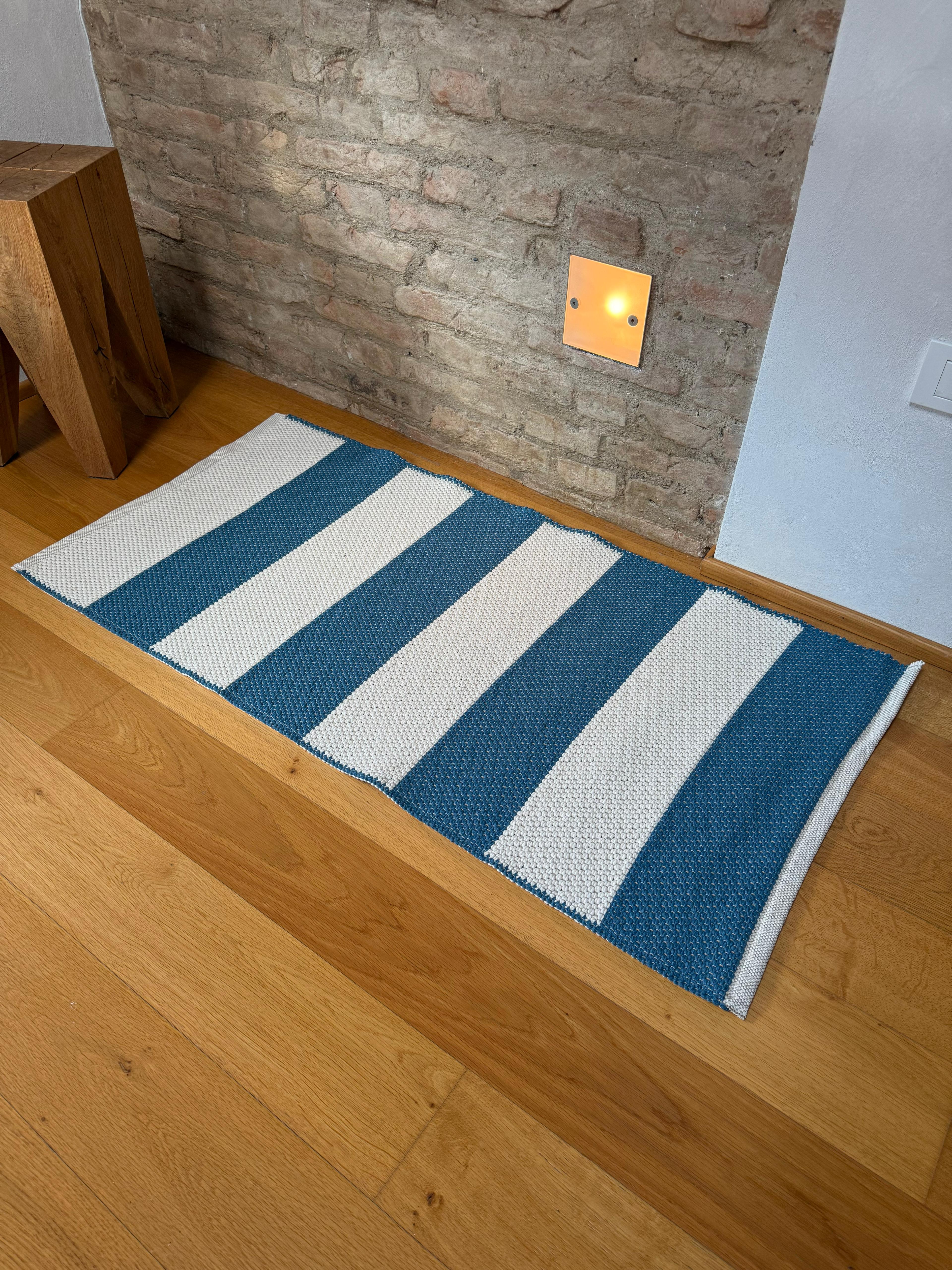 Tappeto Artigianale Lino/Cotone STRIPES Soggiorno Moreali Tessile Casa 60 x 90 Denim/Ecrù