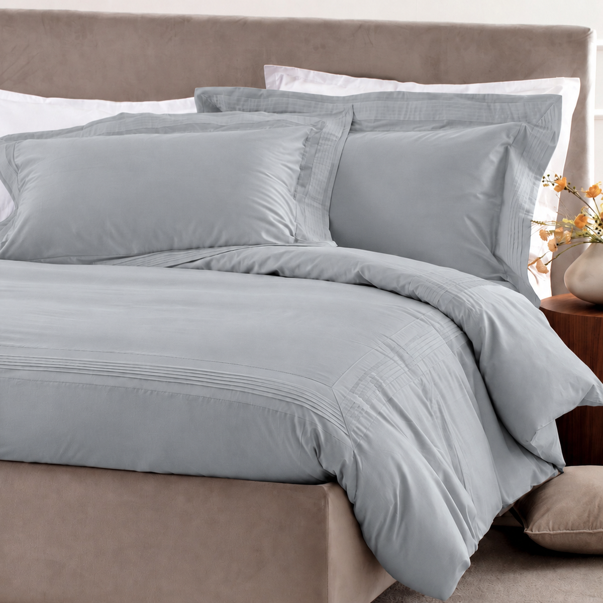 Parure Copripiumino Percalle Ricamato Hotellerie - PLISSÈ Letto Moreali Tessile Casa Matrimoniale Grigio