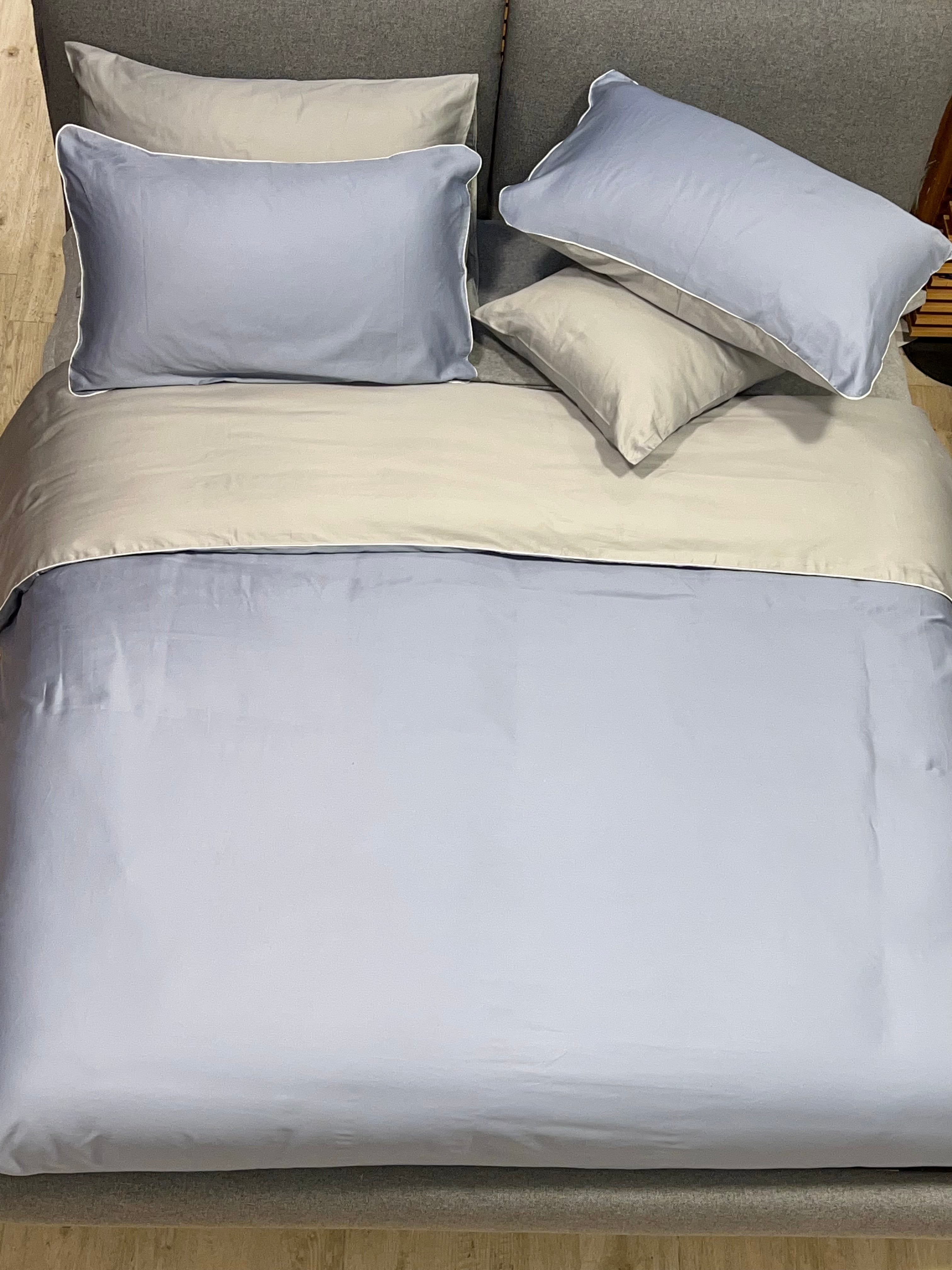 FINE SERIE Parure Copripiumino Raso di Cotone Double Letto Moreali Tessile Casa Matrimoniale Azzurro/Grigio Perla