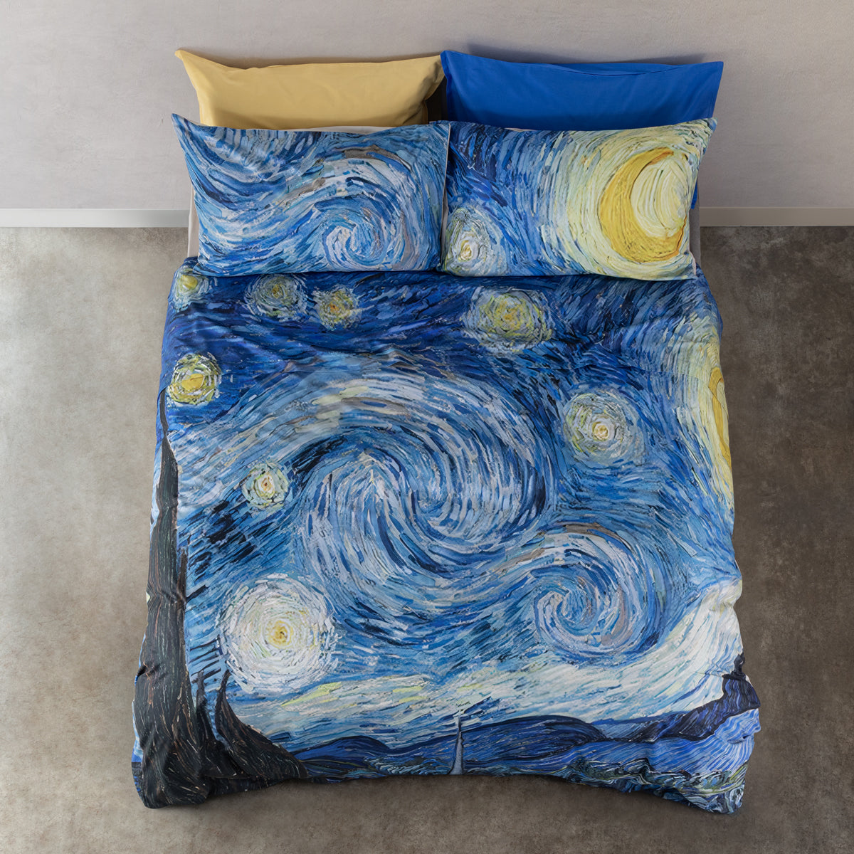 Completo Lenzuola Copriletto ''La Notte Stellata'' VAN GOGH Letto Cogal Matrimoniale Arte