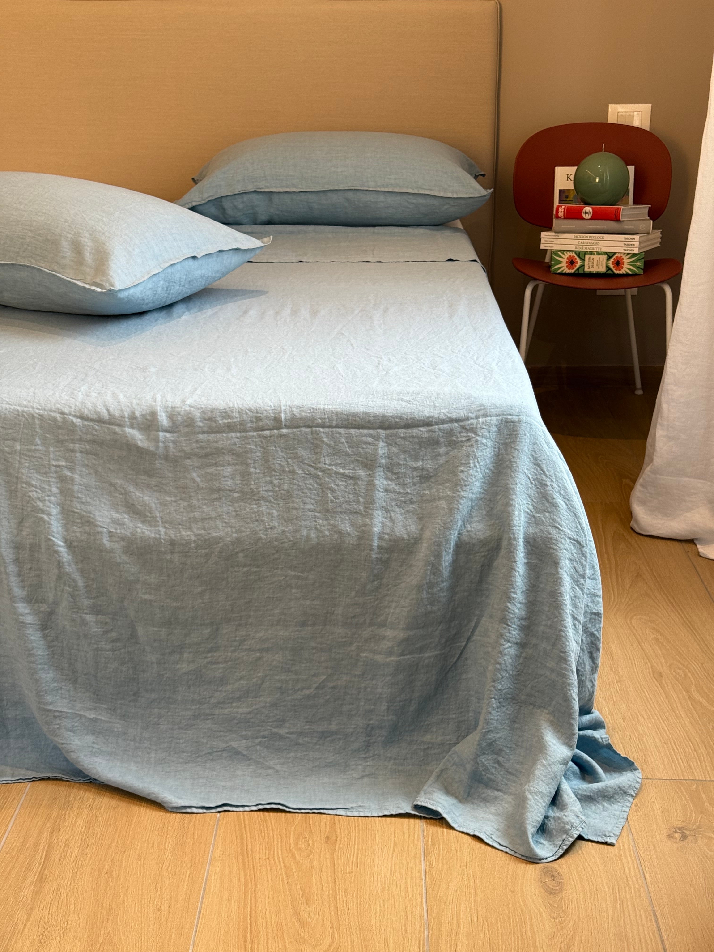 Parure Lenzuola No-Stiro PURO LINO Letto Moreali Tessile Casa Matrimoniale Azzurro Polvere