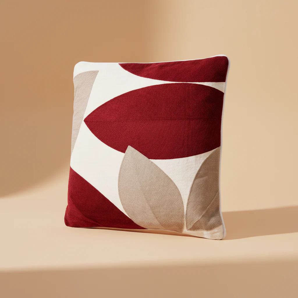 Cuscino Arredo 100% Cotone Ricamato FOGLIE BURGUNDY Soggiorno Moreali Tessile Casa 50 x 50 Multicolor 1