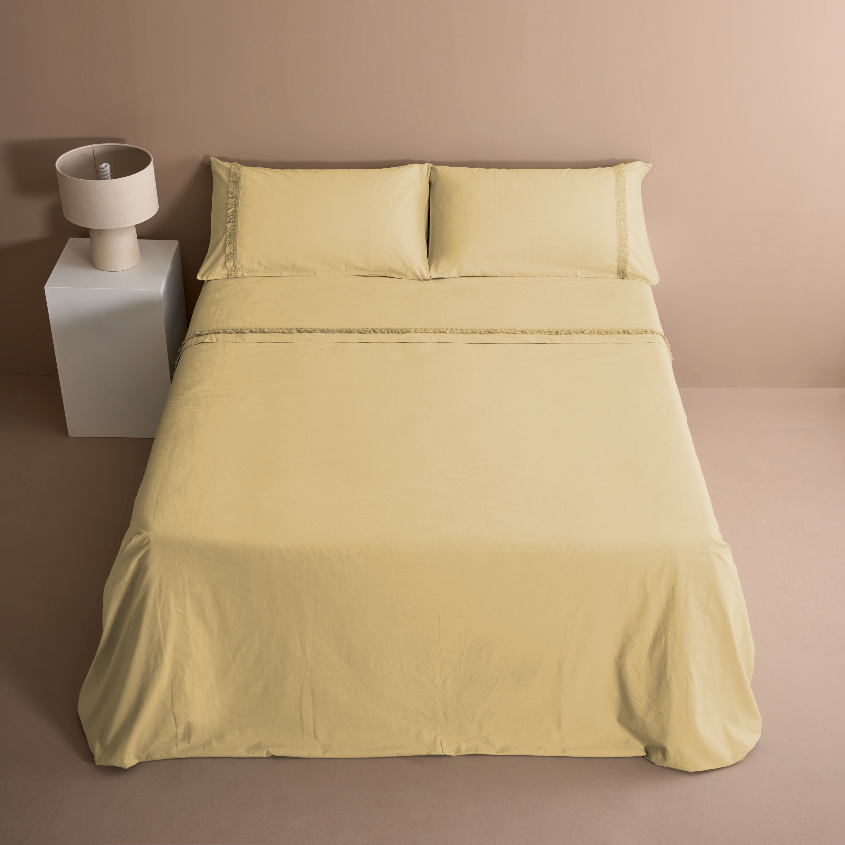 Parure Lenzuola No-Stiro Pizzo DUCALE Letto Moreali Tessile Casa Matrimoniale Miele
