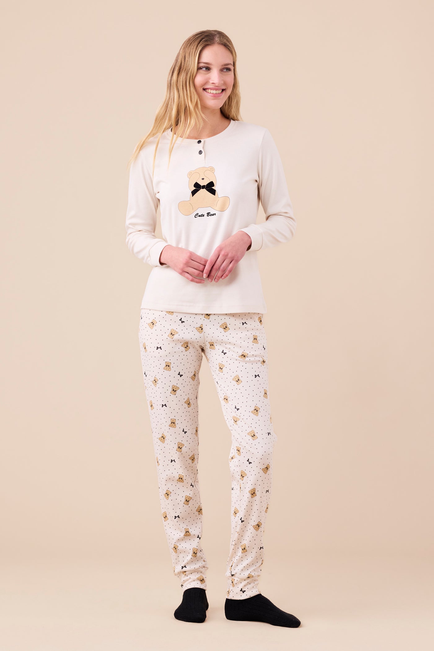 Pigiama Donna Caldo Cotone Orsetto Abbigliamento noidinotte XS Panna