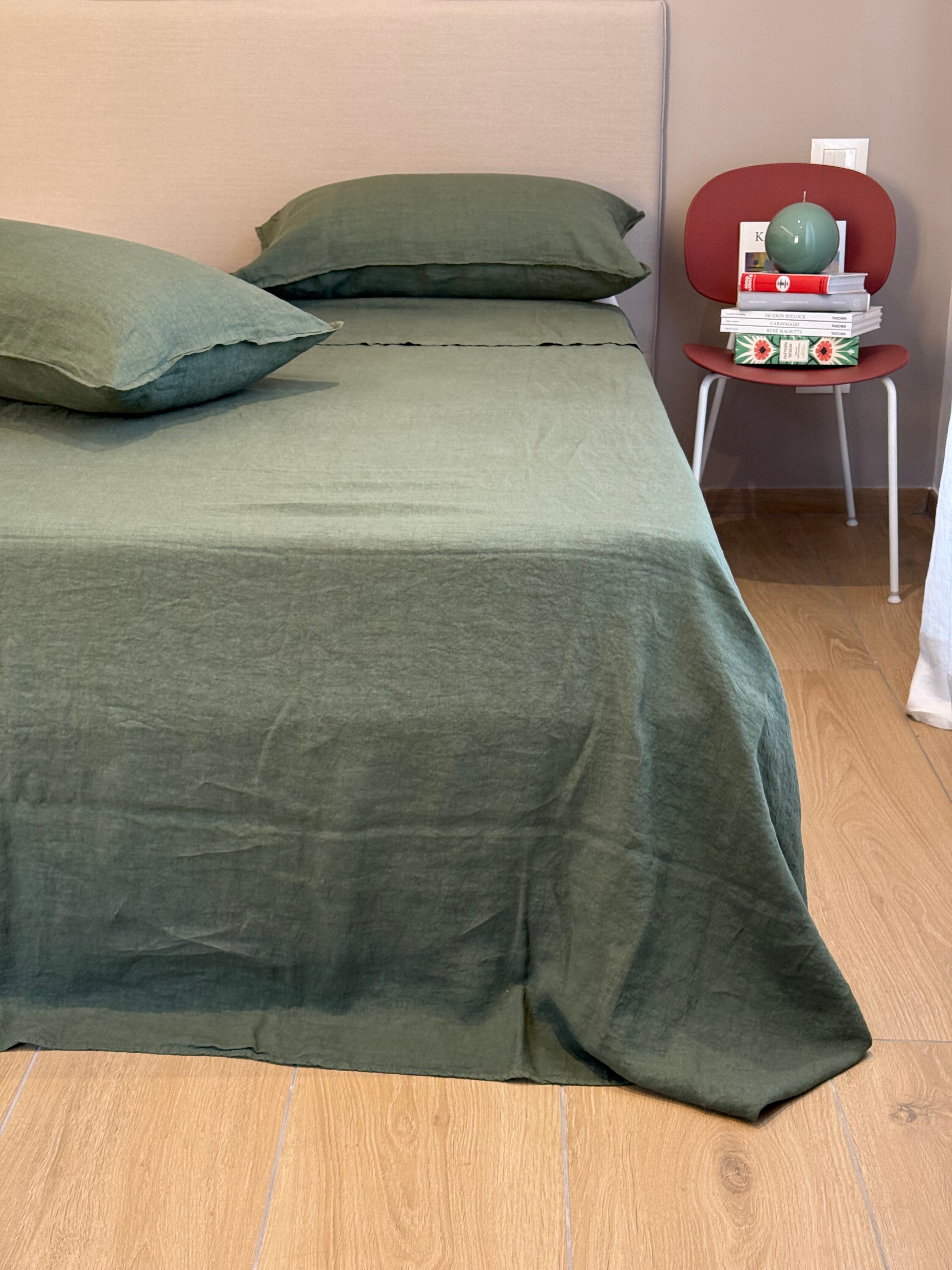 Parure Lenzuola No-Stiro PURO LINO Letto Moreali Tessile Casa Matrimoniale Verde