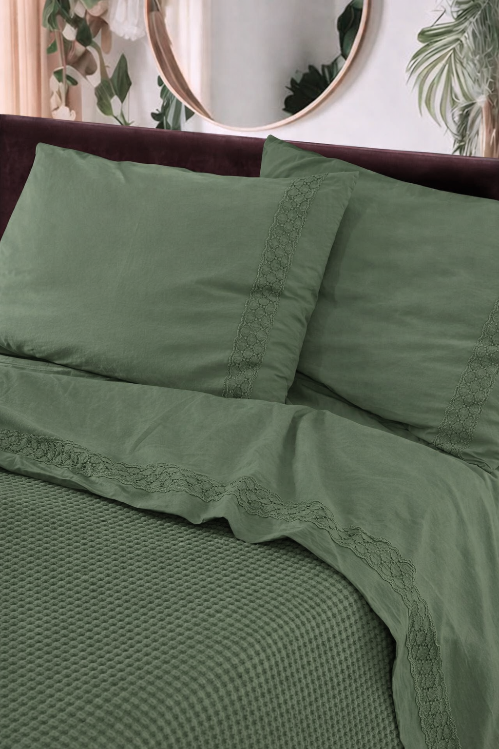 Parure Lenzuola Cotone No-Stiro PIZZO CROCHET Letto Moreali Tessile Casa Matrimoniale 250 x 295 Verde