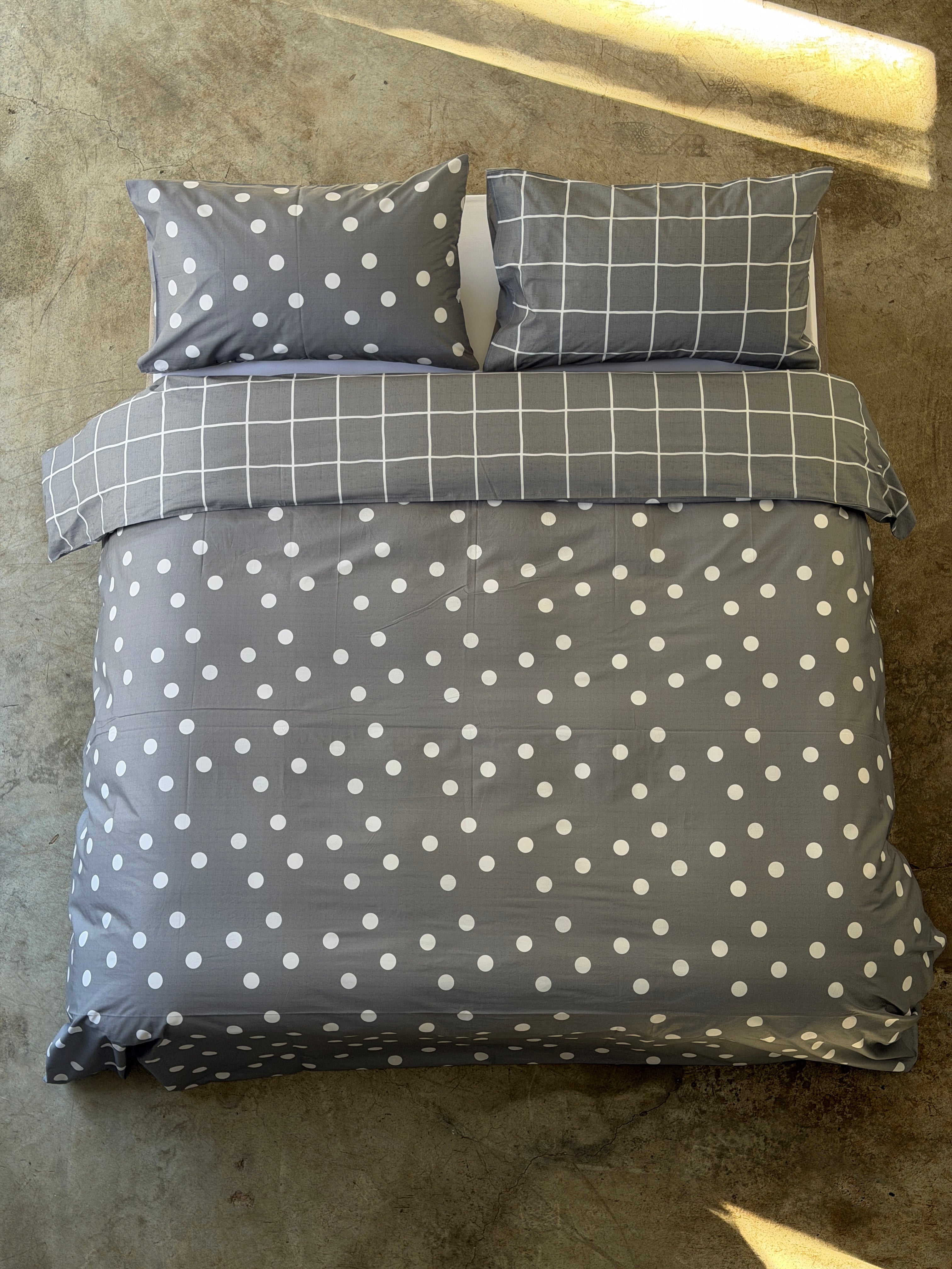 Parure Copripiumino Double Quadri-Pois EASY Letto Moreali Tessile Casa Matrimoniale Grigio