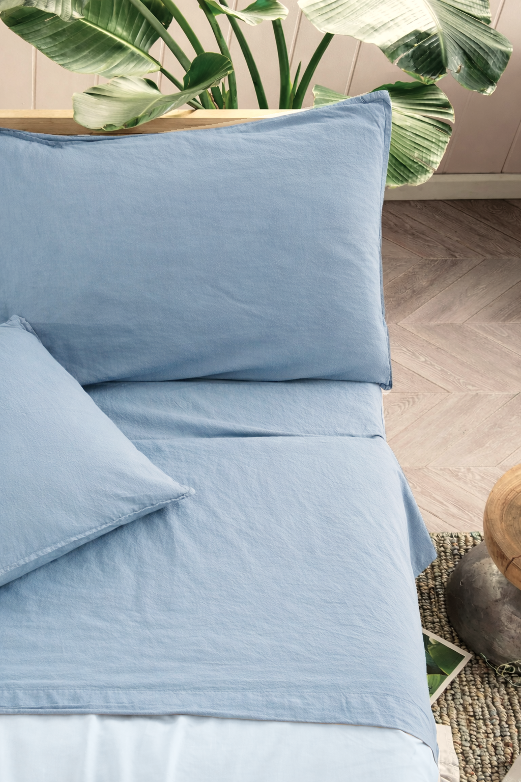 Parure Lenzuola Cotone No-Stiro ESSENZIALE Letto Moreali Tessile Casa Matrimoniale 250 x 295 Azzurro Polvere