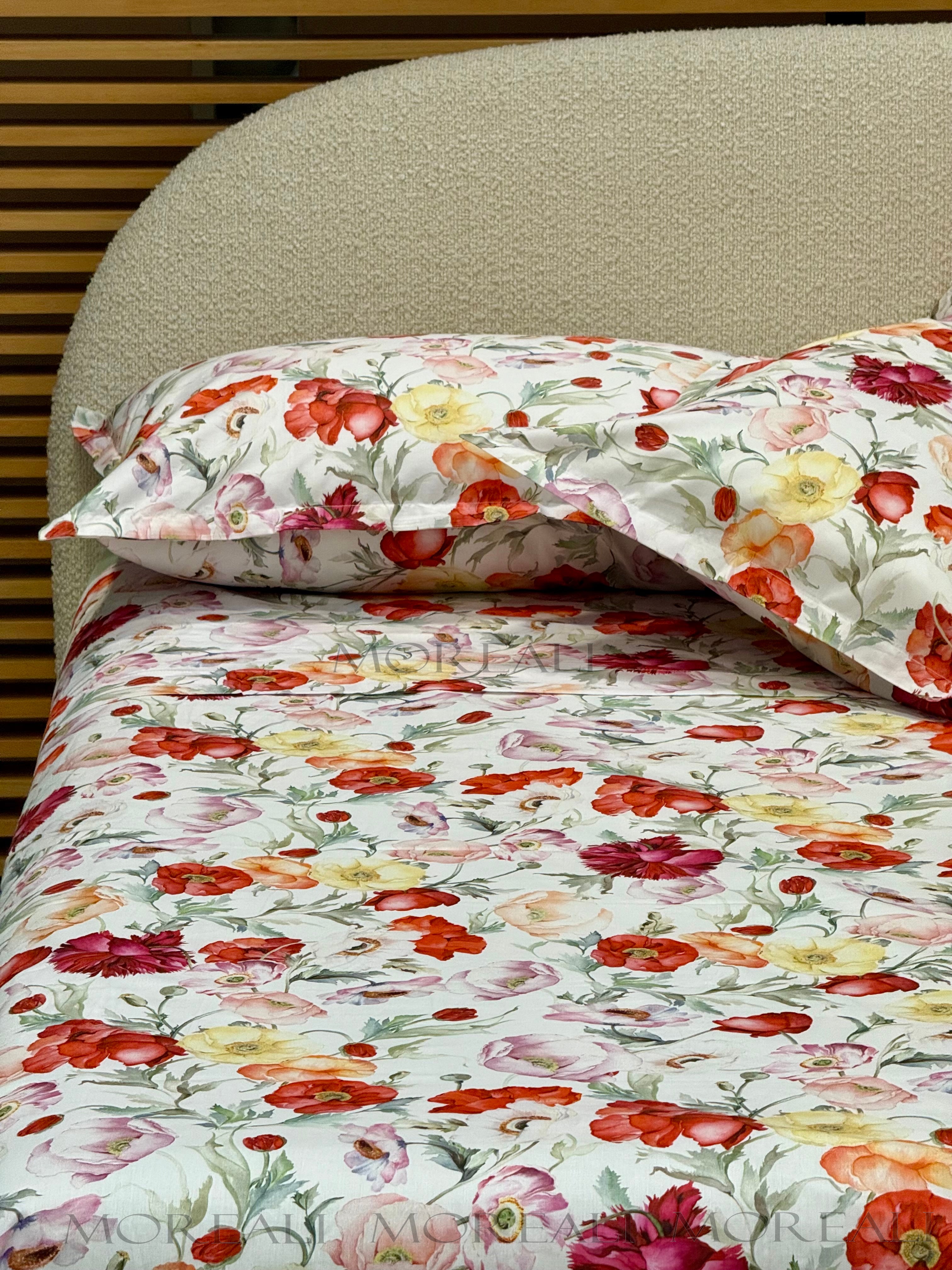 Completo Lenzuola Copriletto Percalle Summer Poppies Bianco Letto Mirabello Matrimoniale Bianco