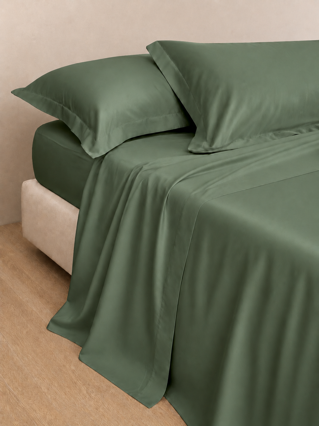 Completo Lenzuola Raso Cotone 300TC SATIN ELITE Letto Moreali Tessile Casa Matrimoniale Verde 033