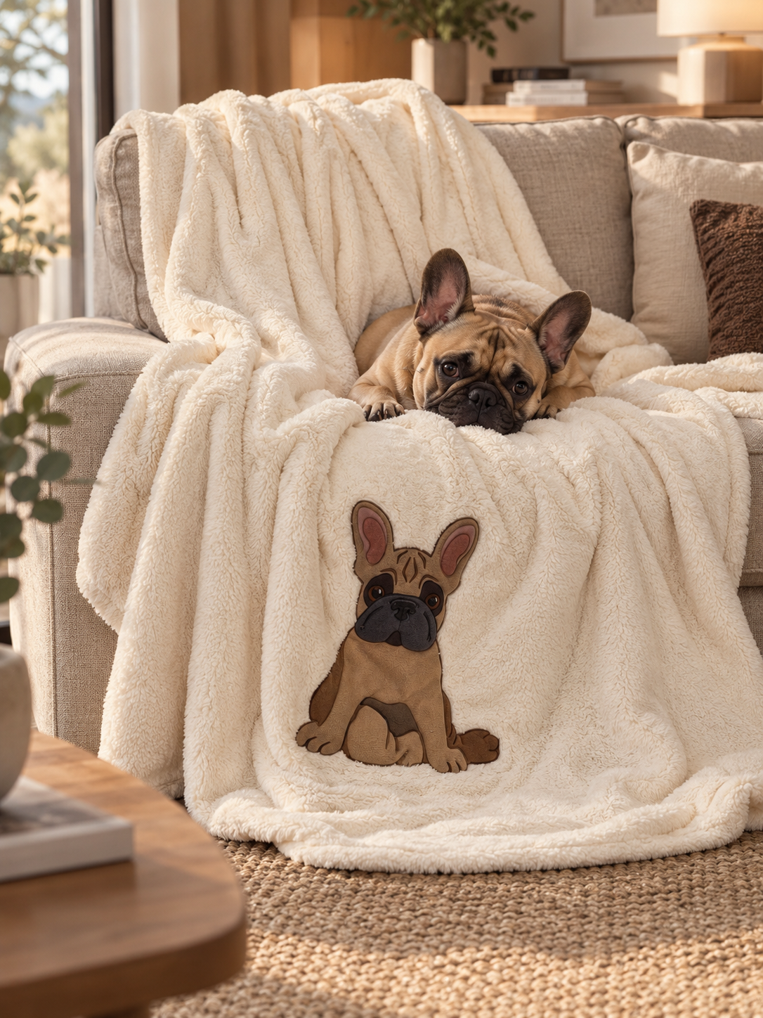 Plaid Pile Coccola Ricamato BULLDOG FRANCESE Soggiorno Maryplaid 150 x 180 Panna