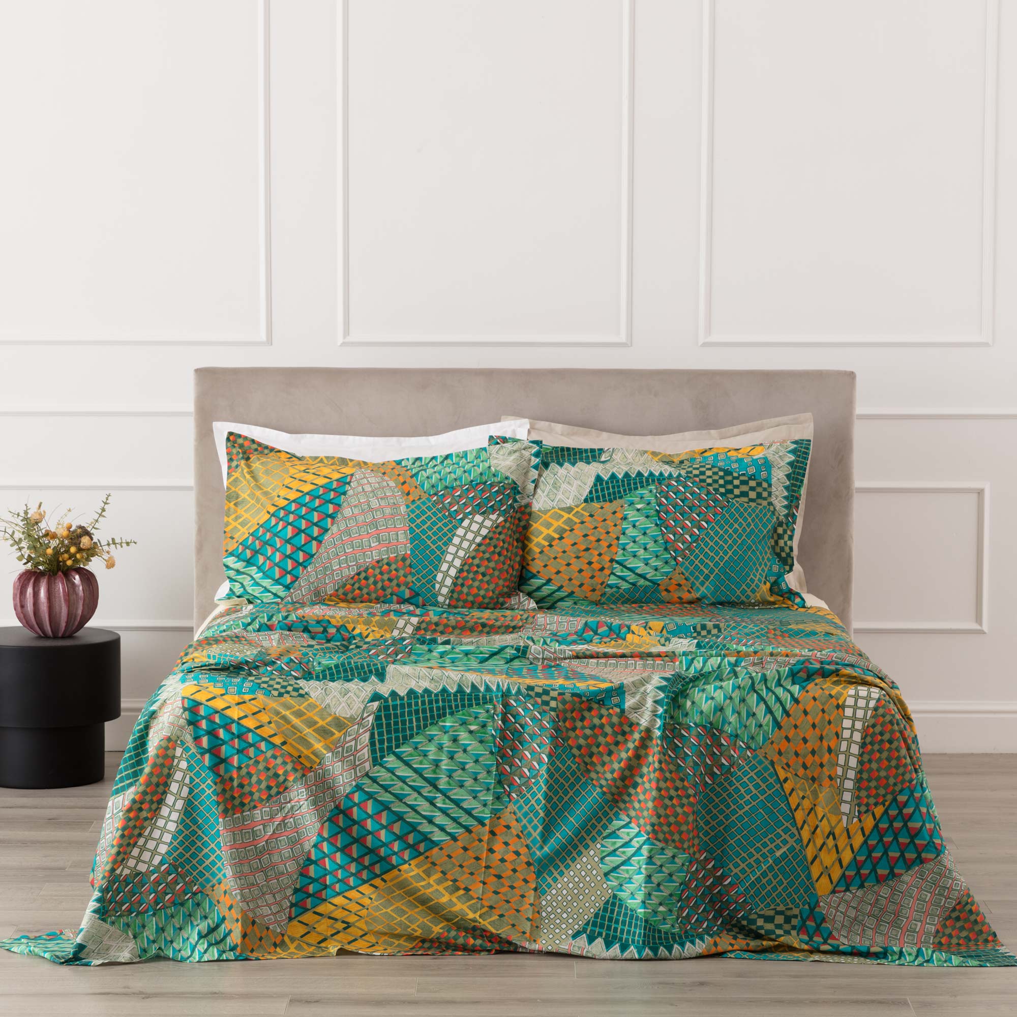Completo Lenzuola Copriletto Percalle Stampato VALMA Letto Riviera Matrimoniale Turchese