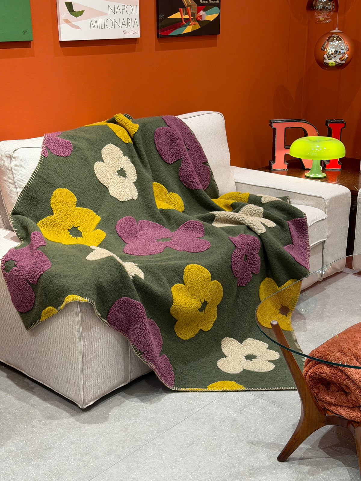 Plaid Lana Cotta Italiana POP ART FLOWERS Soggiorno Moreali Tessile Casa Plaid 150 x 170 Verde - Ocra/Vinaccia/Cachemire