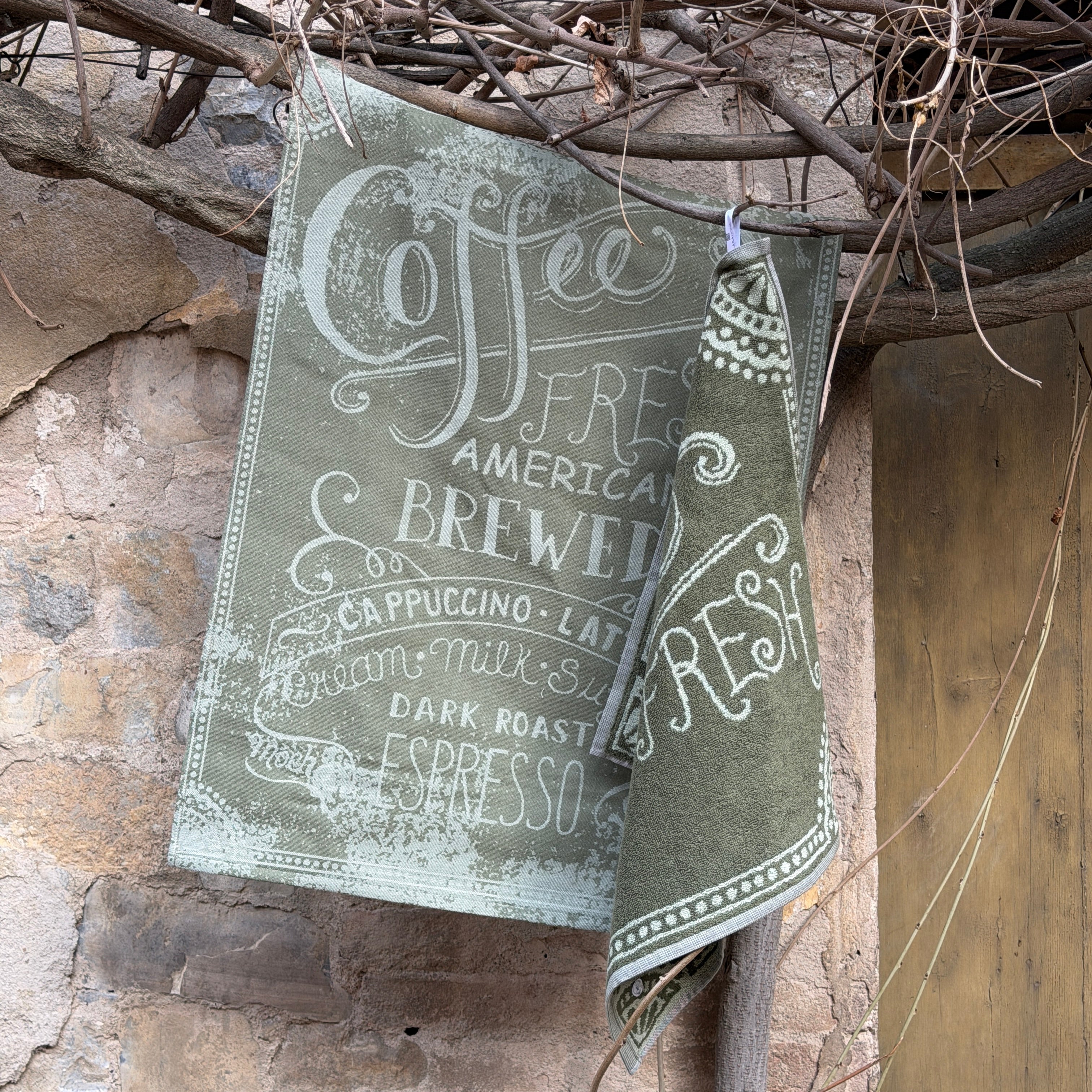 Set Canovacci Tela+Spugna COFFEE Cucina Moreali Tessile Casa 70x50 + 50x50 Verde