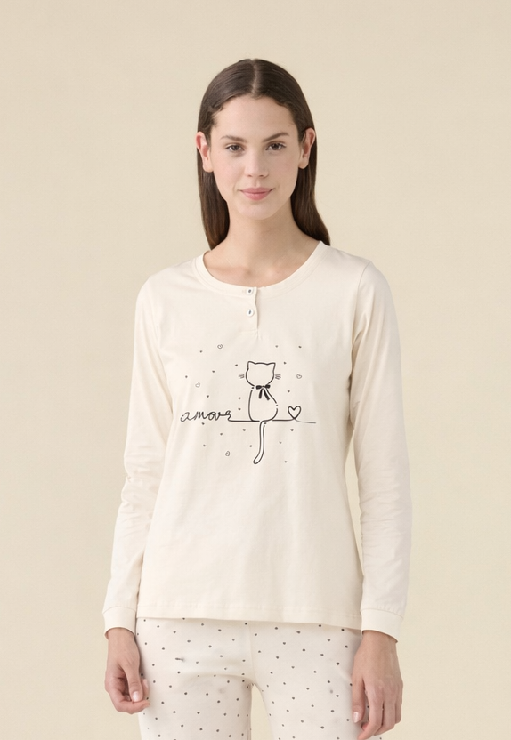 Pigiama Donna Lungo Cotone Amour Cat Abbigliamento Moreali Tessile Casa XS Panna