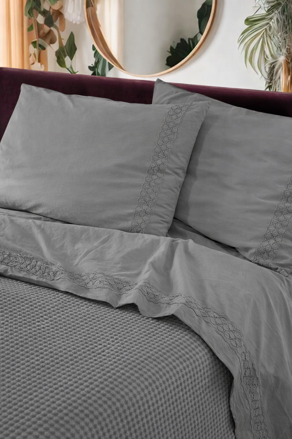 Parure Lenzuola Cotone No-Stiro PIZZO CROCHET Letto Moreali Tessile Casa Matrimoniale 250 x 295 Grigio