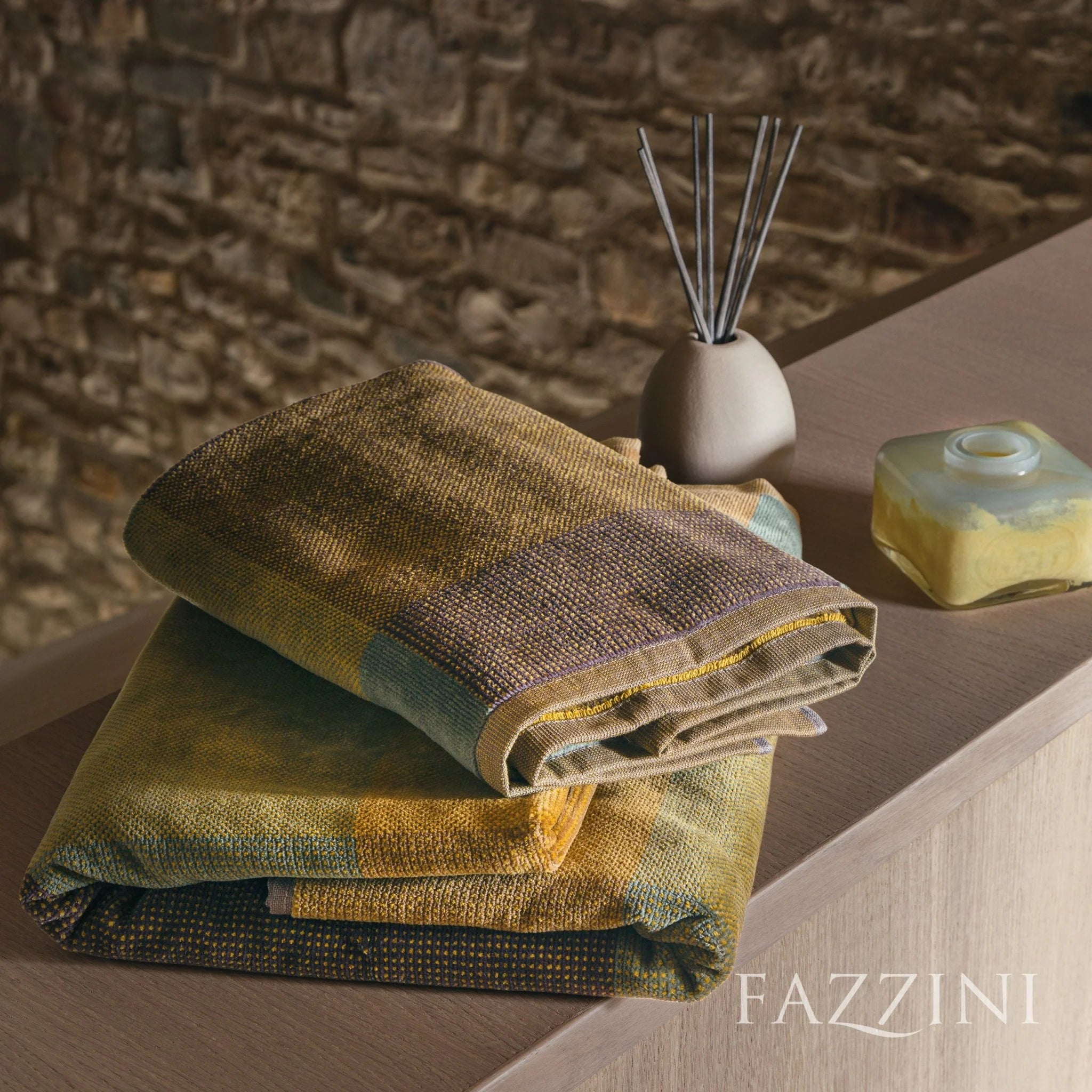 Set Asciugamani Velour Cromatismi Bagno Fazzini 60 x 110 / 40 x 60 Verde - Ocra