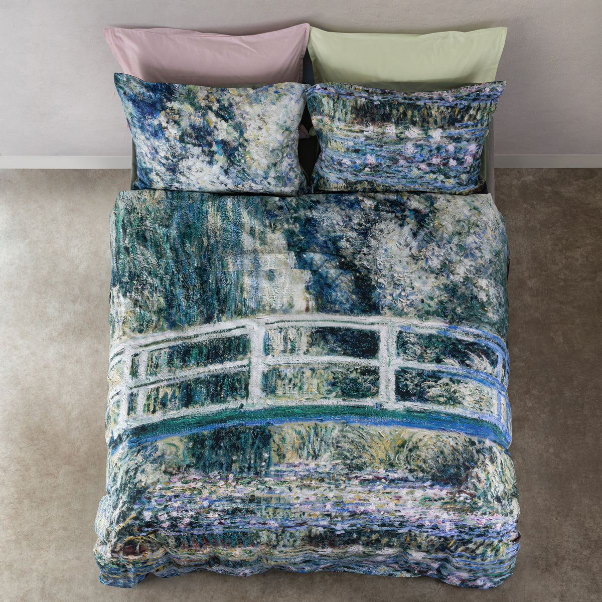 Completo Lenzuola Copriletto ''Lo Stagno delle Ninfee'' MONET Letto Cogal Matrimoniale Arte