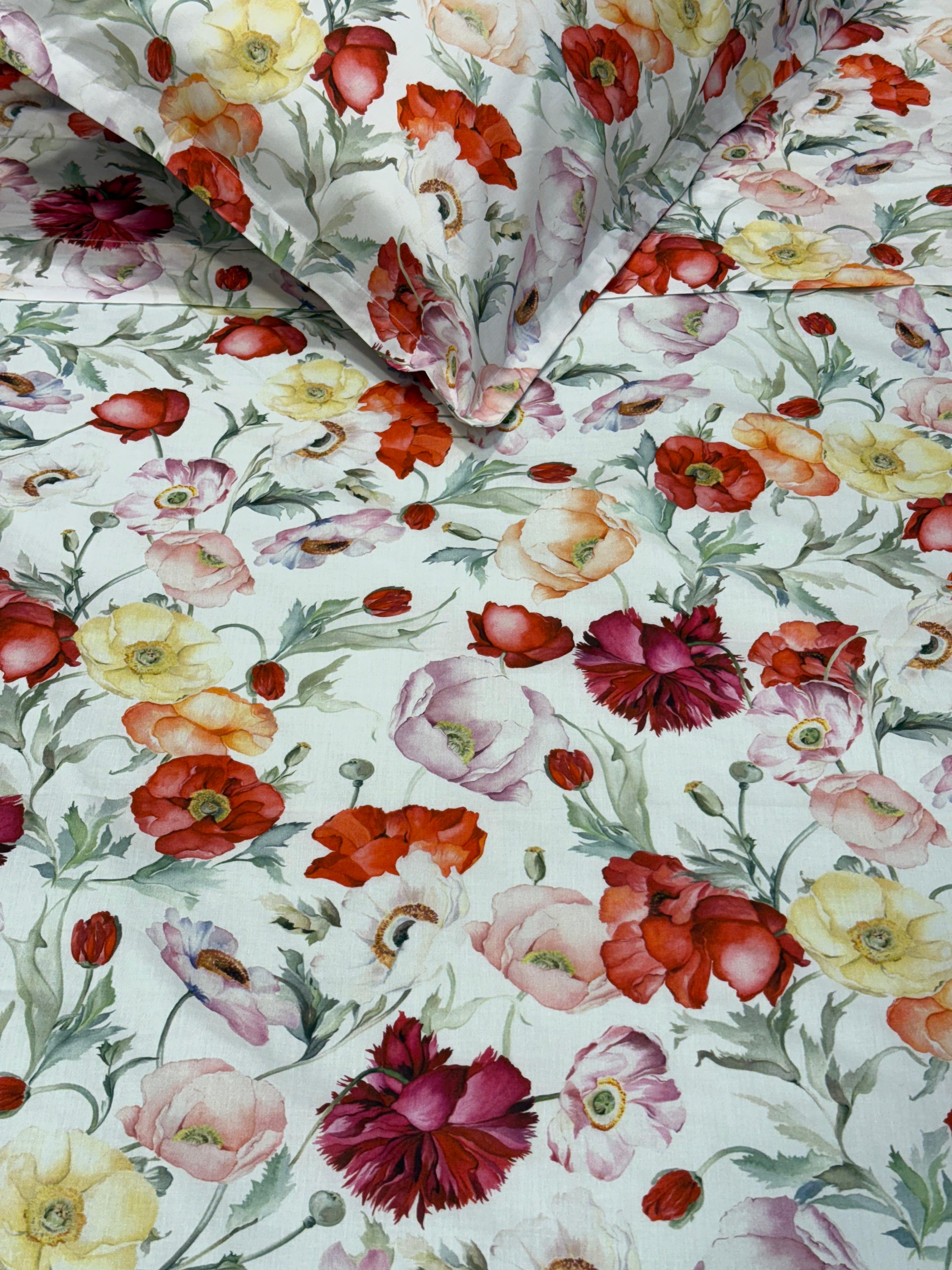 Completo Lenzuola Copriletto Percalle Summer Poppies Bianco Letto Mirabello
