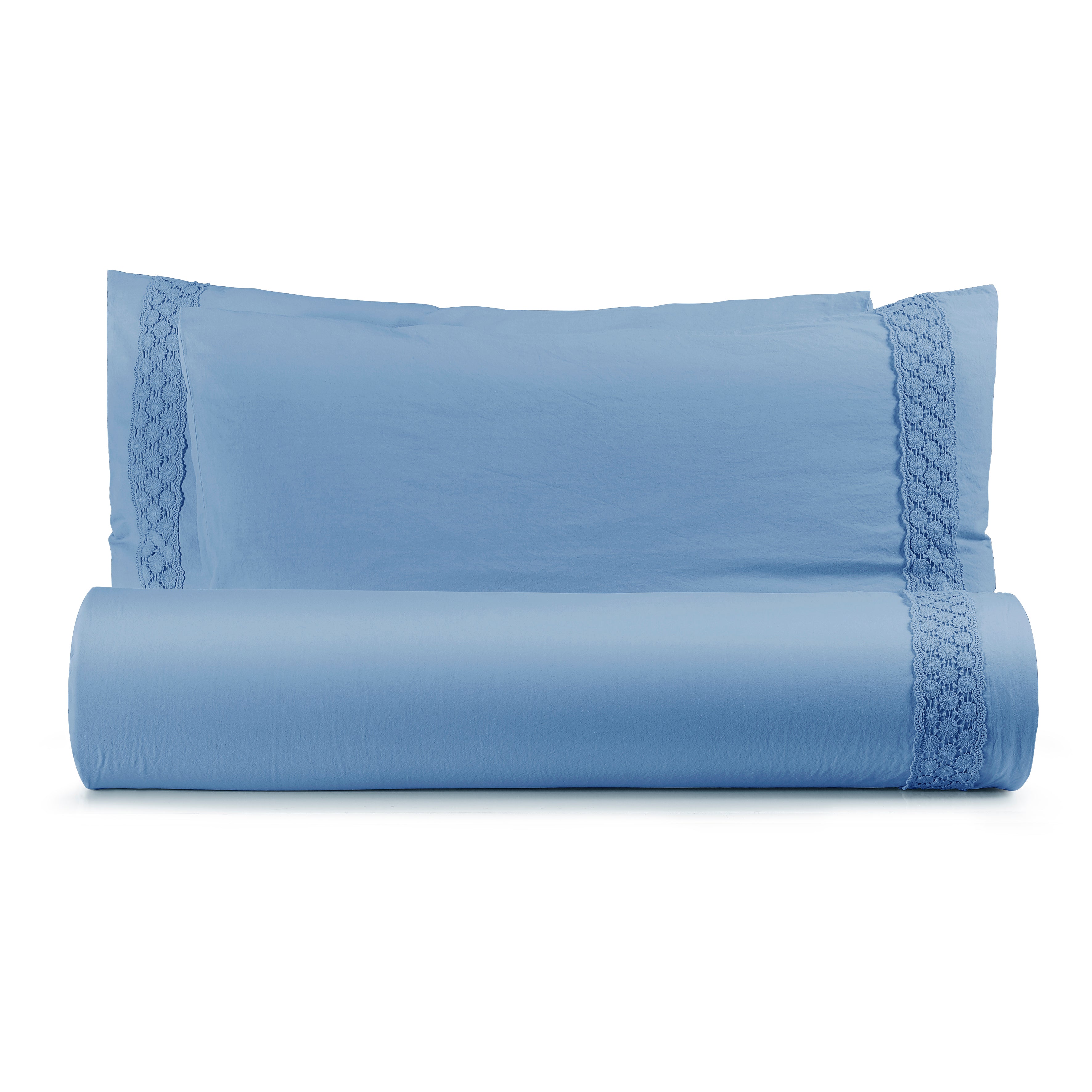 Parure Lenzuola Cotone No-Stiro PIZZO CROCHET Letto Moreali Tessile Casa Matrimoniale 250 x 295 Azzurro Polvere
