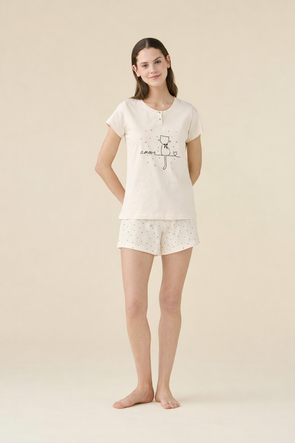 Pigiama Donna Corto Cotone Amour Cat Abbigliamento Moreali Tessile Casa XS Panna