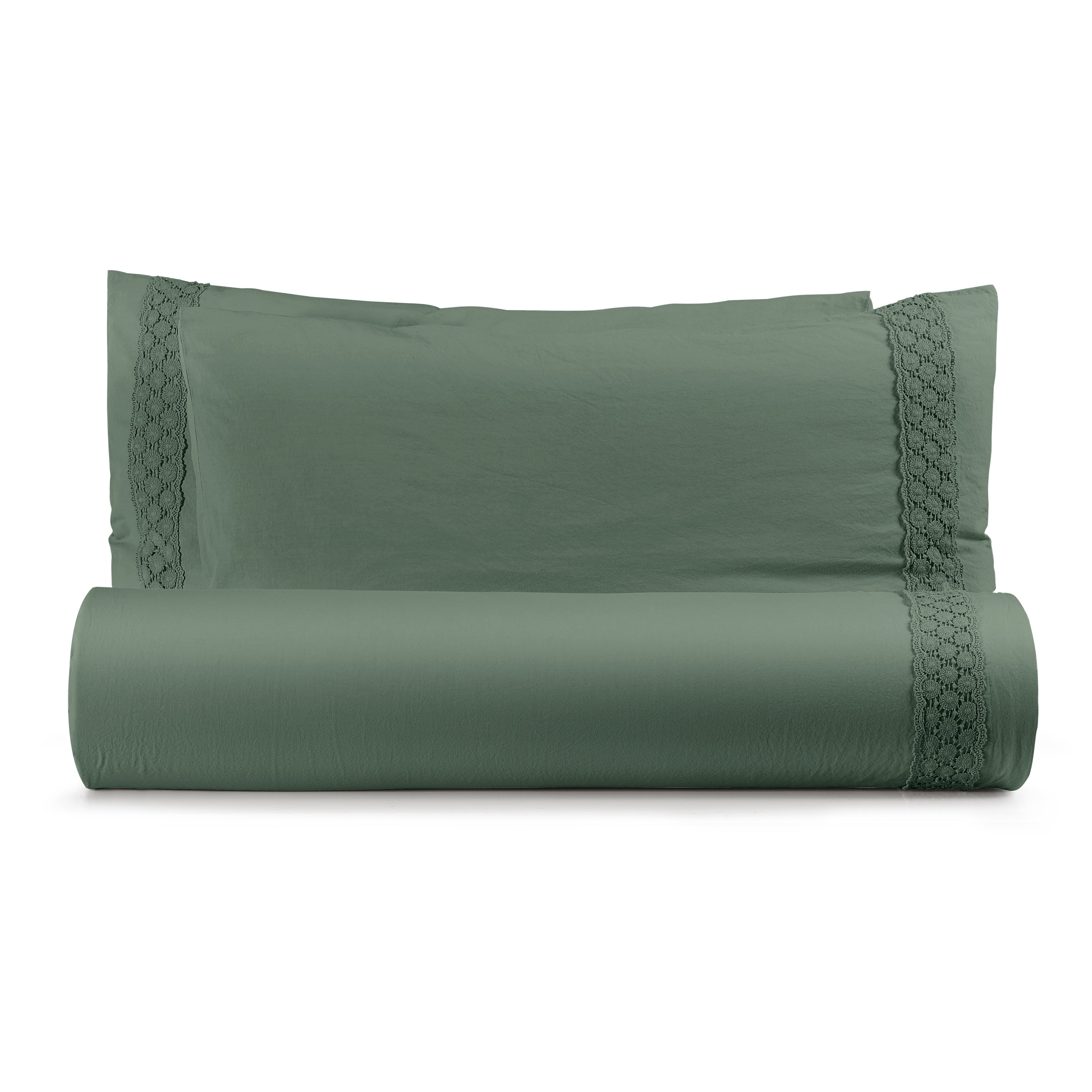 Parure Lenzuola Cotone No-Stiro PIZZO CROCHET Letto Moreali Tessile Casa Matrimoniale 250 x 295 Verde