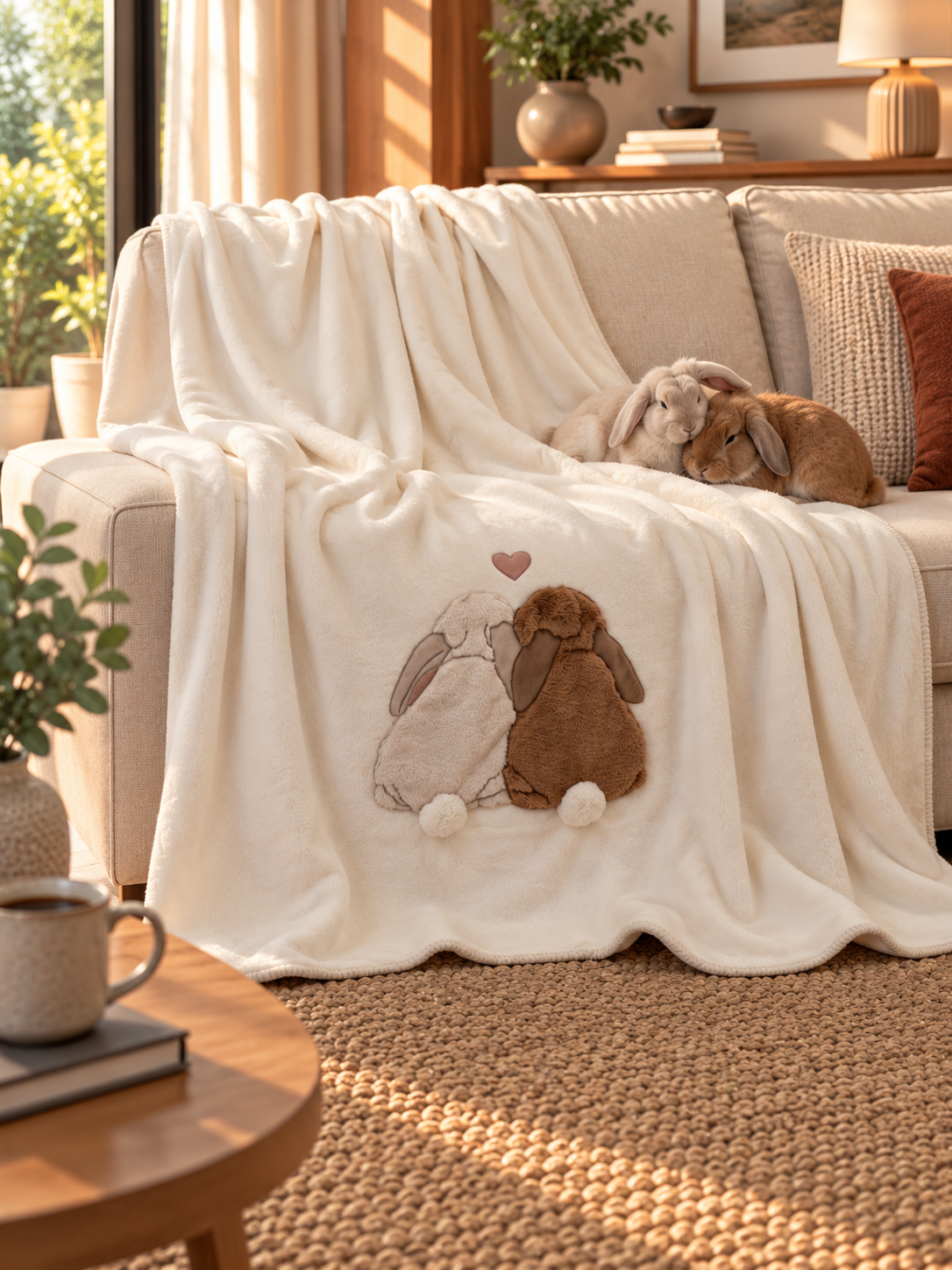 Plaid Pile Battuto Ricamato CONIGLIETTI INNAMORATI Soggiorno Maryplaid 160 x 180 Panna