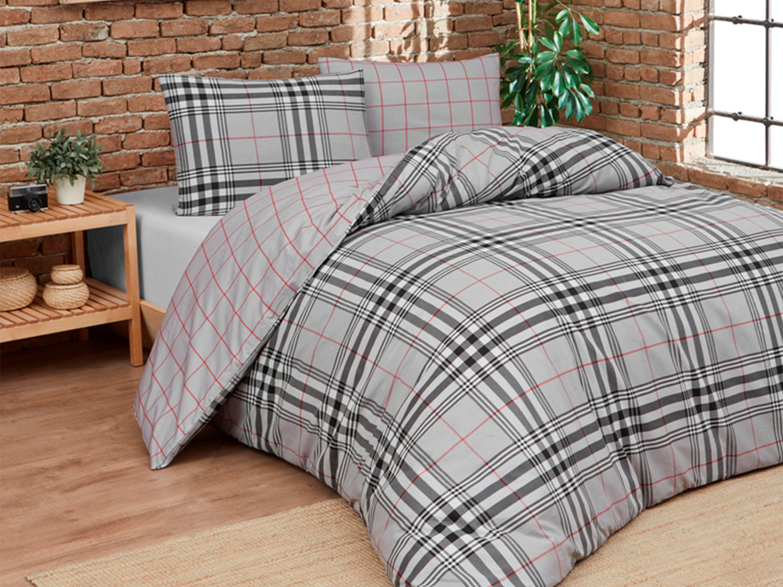 Parure Copripiumino Double Cotone Stampato NEUTRAL TARTAN Letto Daunex Matrimoniale Grigio