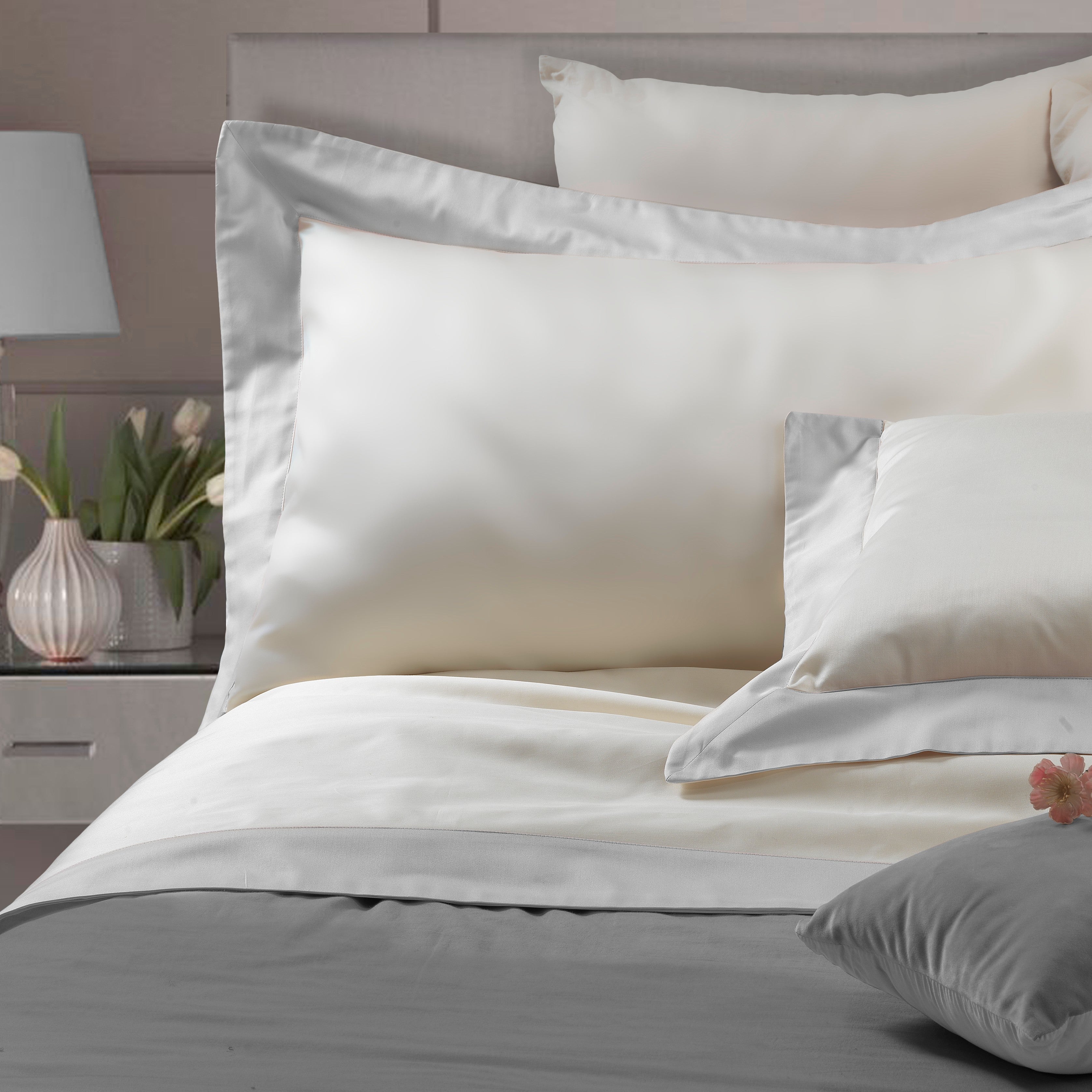 Parure Lenzuola Bordo Raso LUXURY Letto Moreali Tessile Casa Matrimoniale Grigio Perla