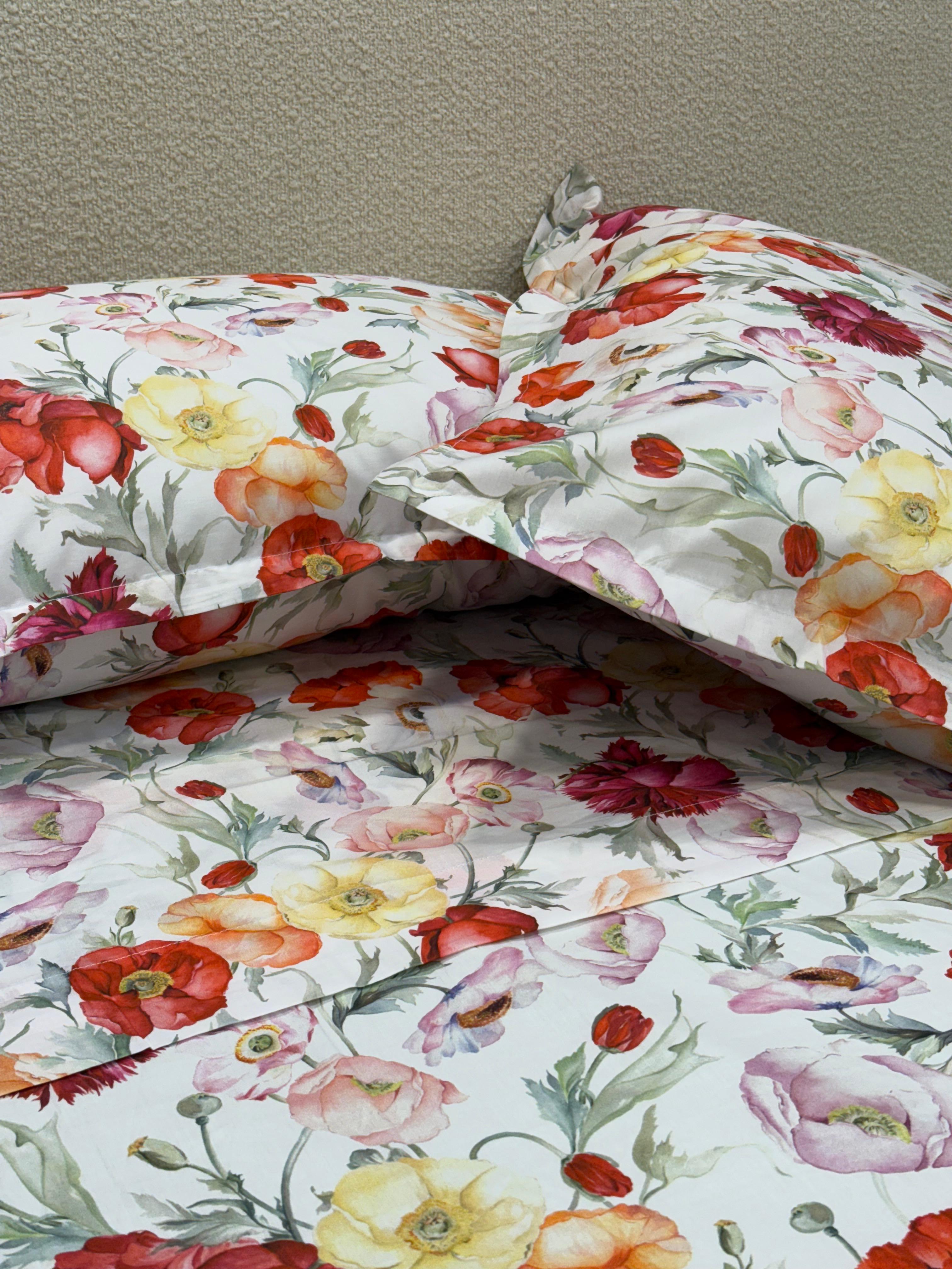 Completo Lenzuola Copriletto Percalle Summer Poppies Bianco Letto Mirabello