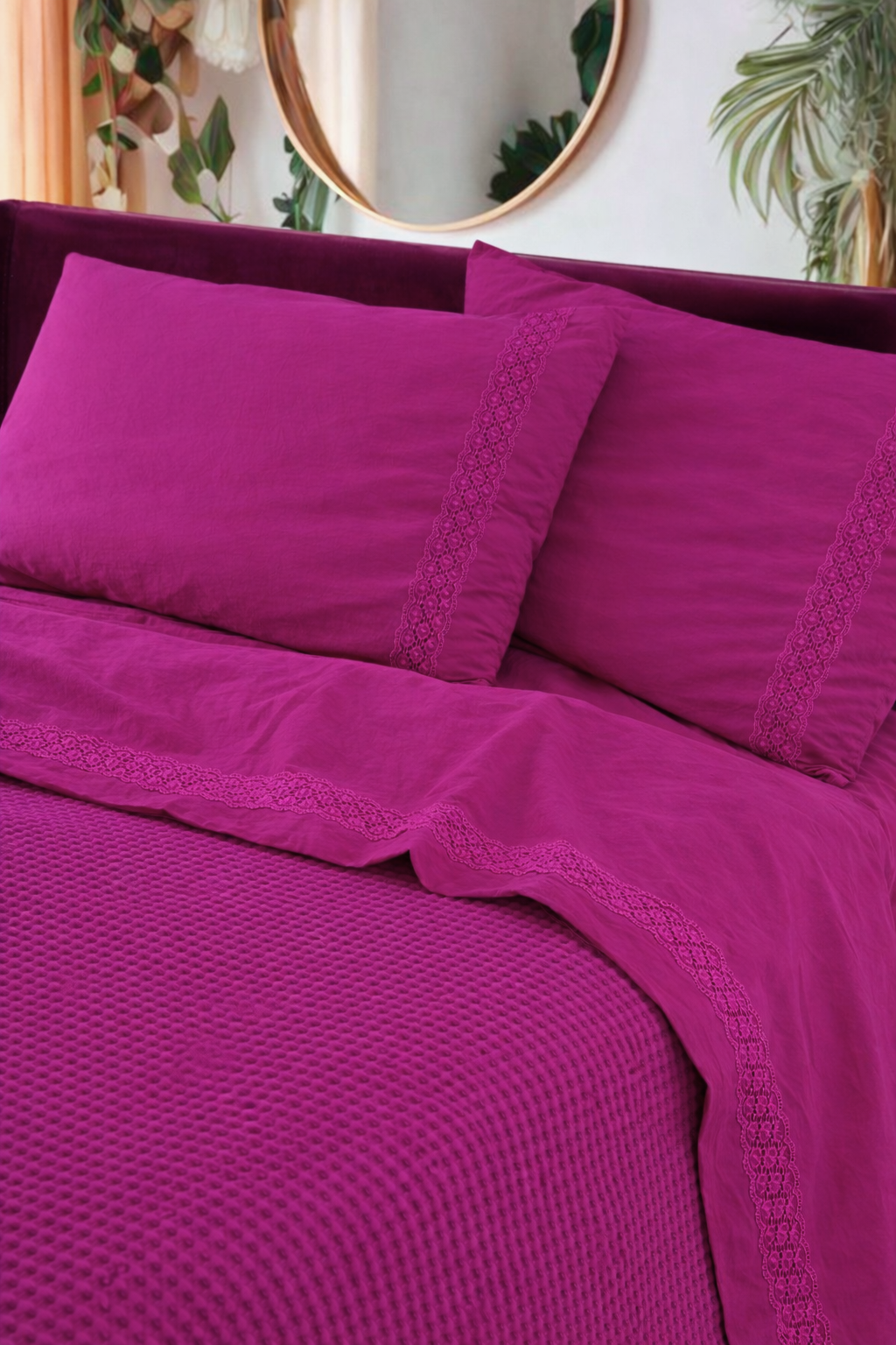 Parure Lenzuola Cotone No-Stiro PIZZO CROCHET Letto Moreali Tessile Casa Matrimoniale 250 x 295 Orchidea