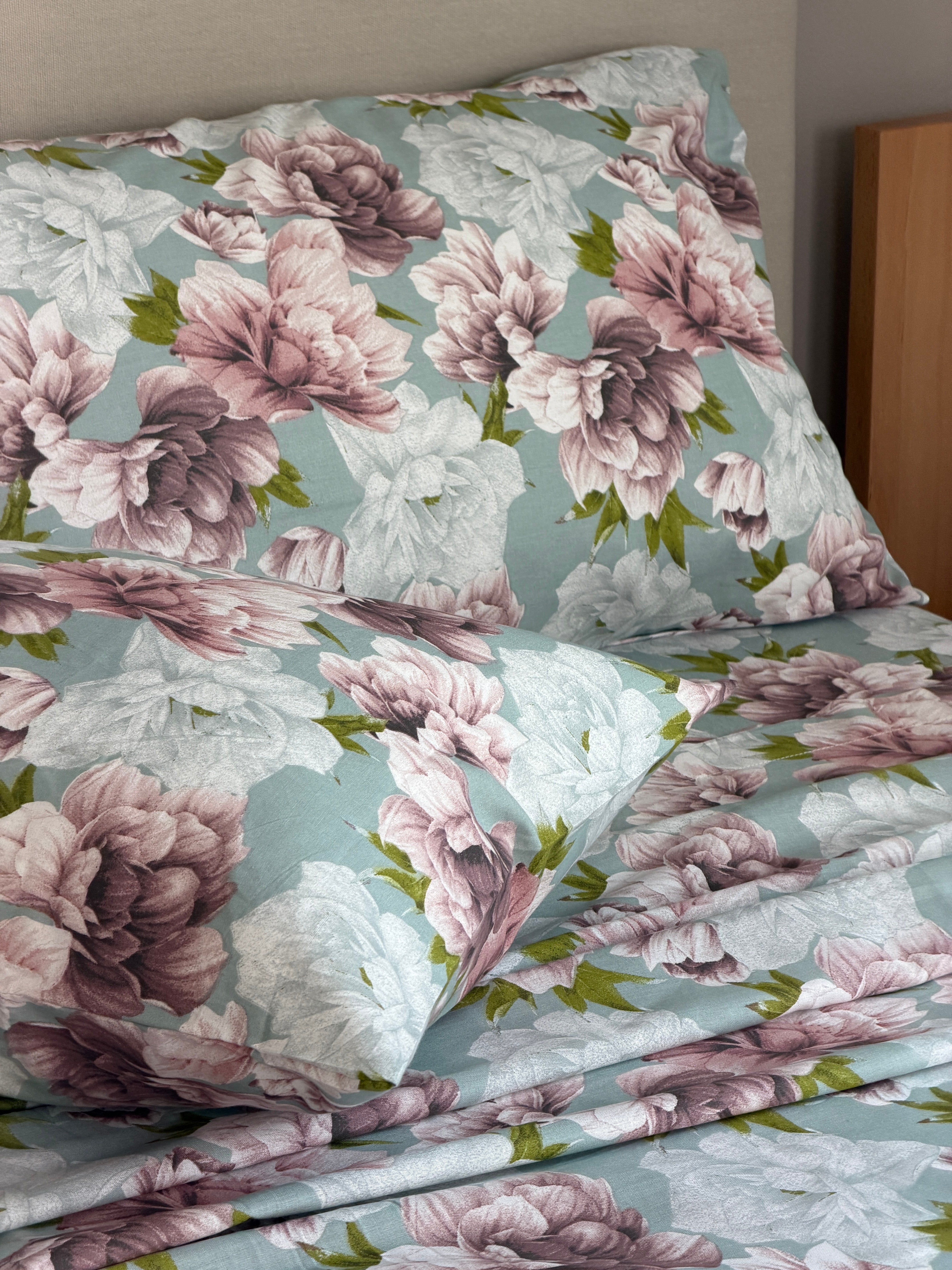 Completo Lenzuola Cotone Stampato PEONYS Letto Cotonissimo Matrimoniale Malva