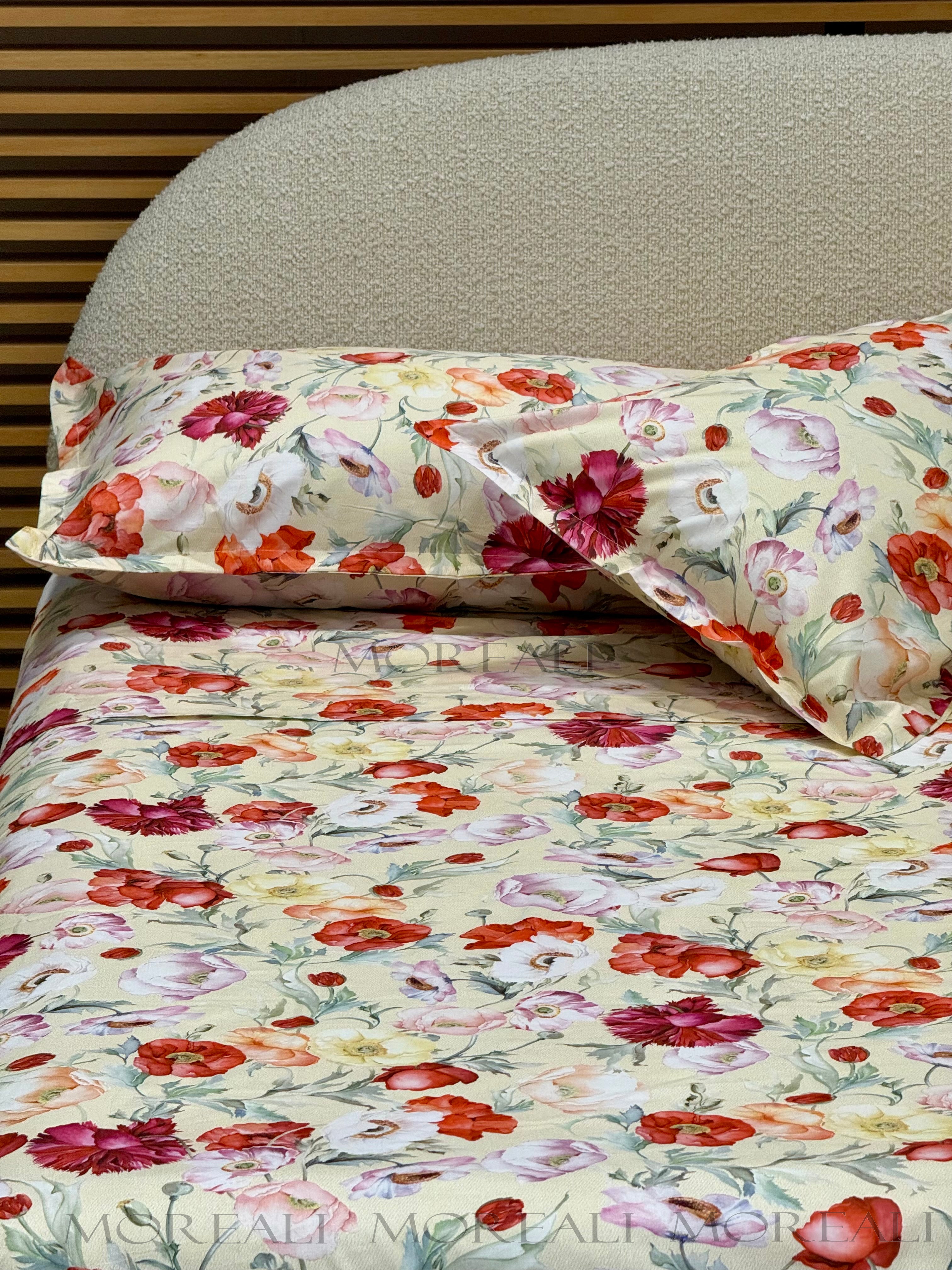 Completo Lenzuola Copriletto Percalle Summer Poppies Giallo Letto Mirabello Matrimoniale Giallo