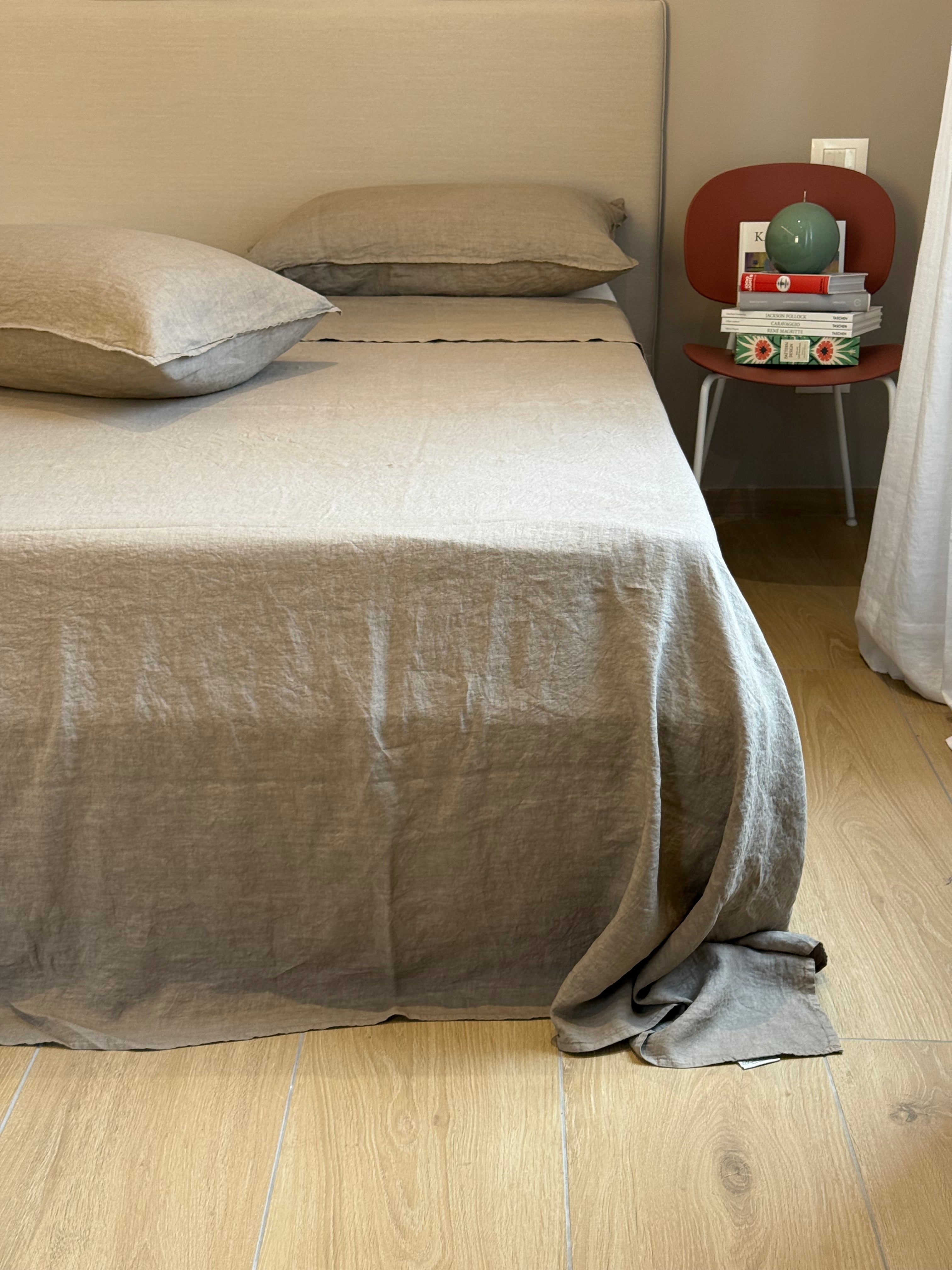 Parure Lenzuola No-Stiro PURO LINO Letto Moreali Tessile Casa Matrimoniale Tortora