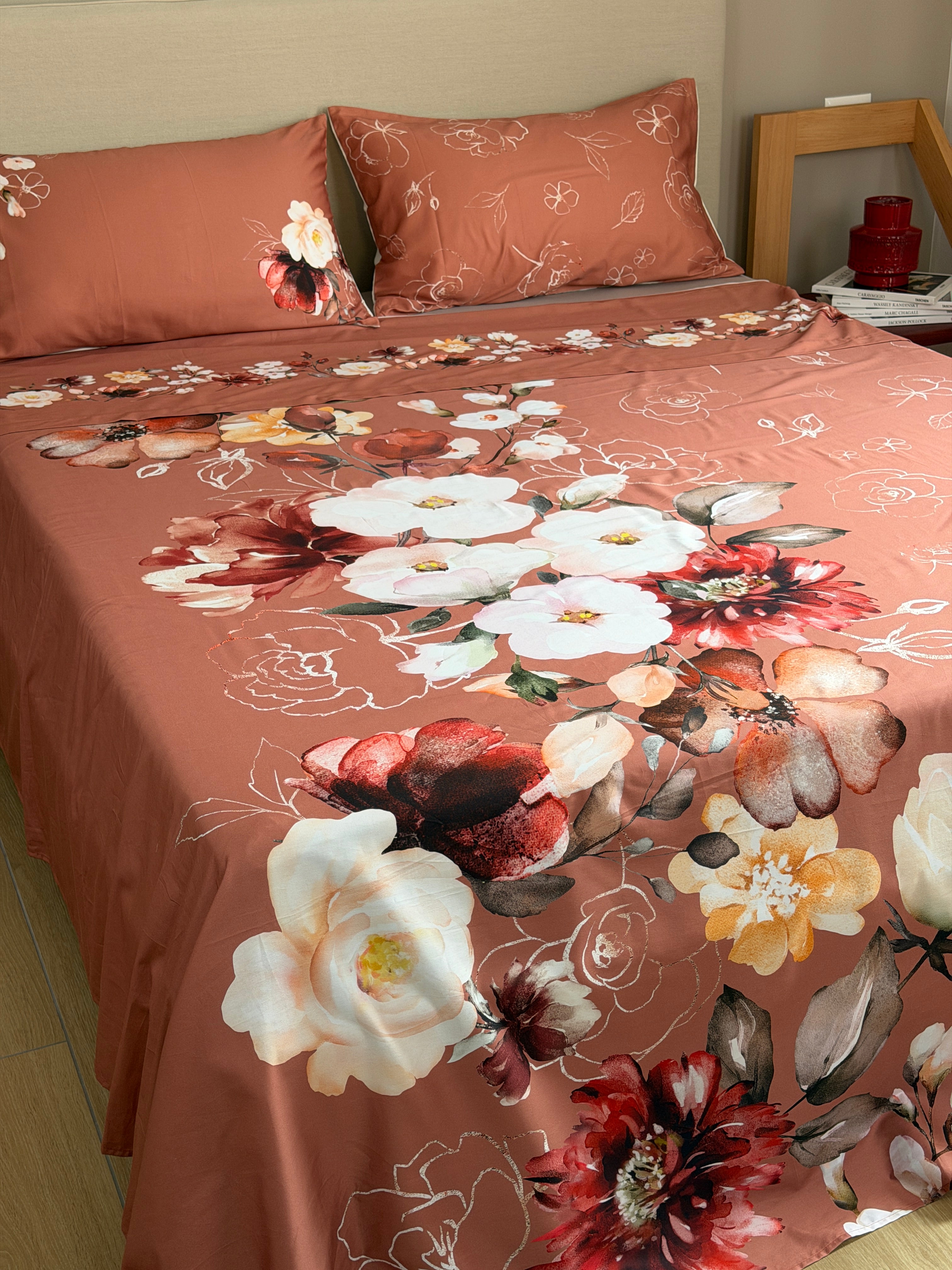 Parure Lenzuola Copriletto Raso 300TC FIORI SUL LETTO - VITTORIA Letto Moreali Tessile Casa