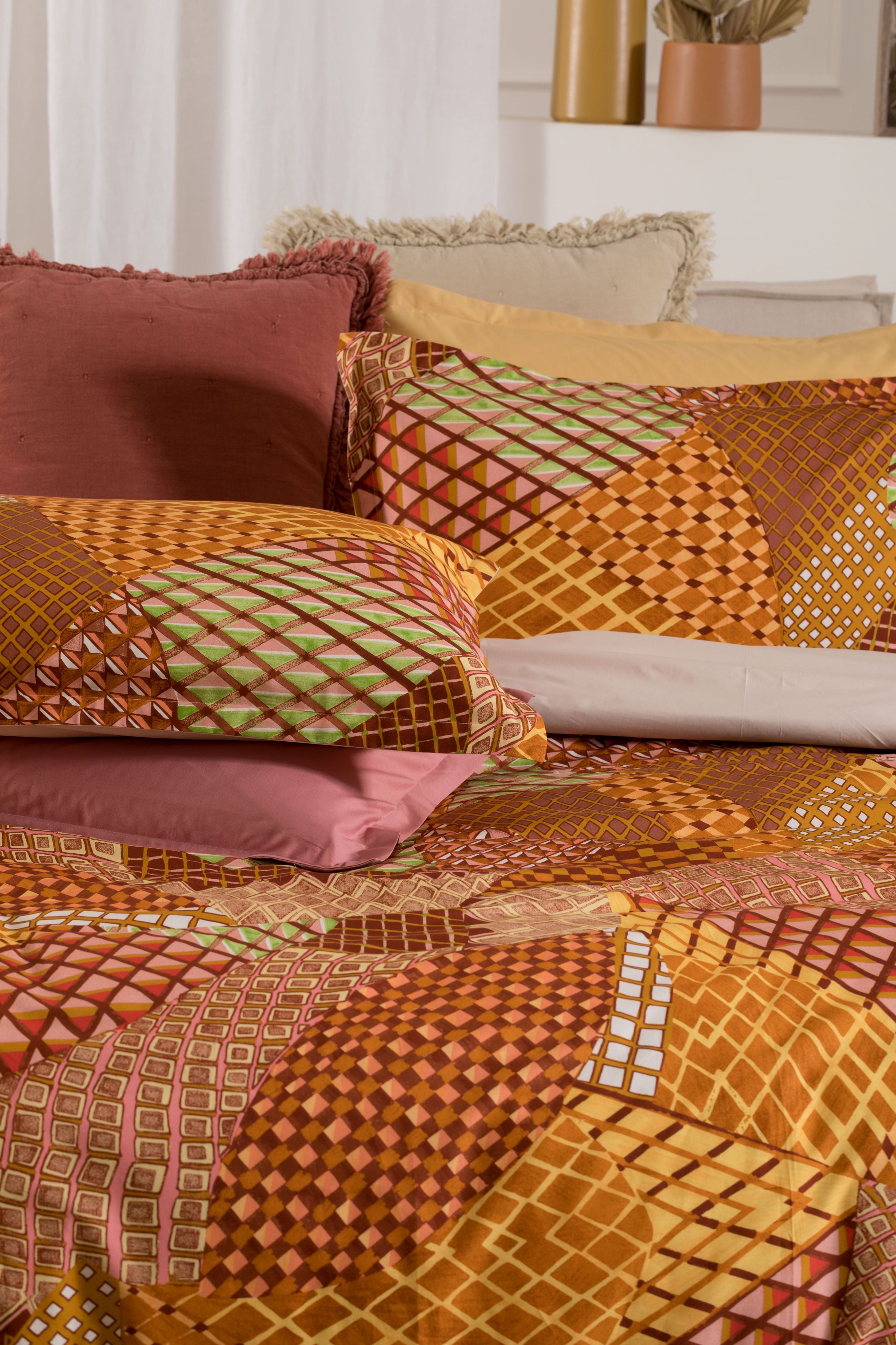Completo Lenzuola Copriletto Percalle Stampato VALMA Letto Riviera Matrimoniale Terracotta