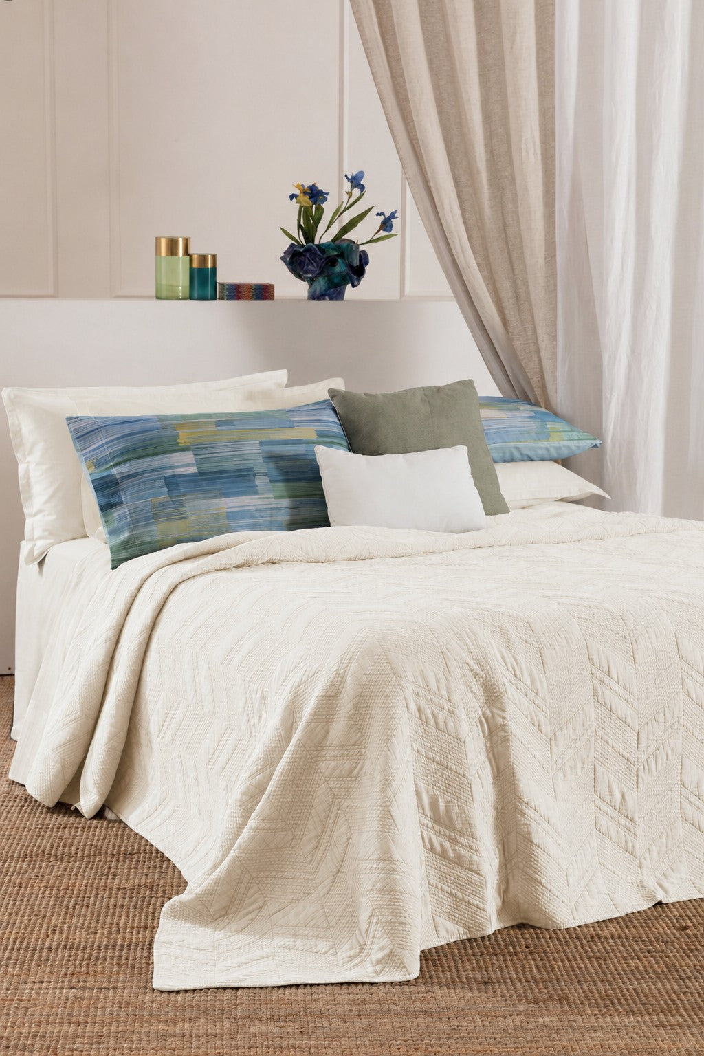 POPUP - Trapuntino Ricamato Cotone Stone Washed ALCIS Letto Riviera Matrimoniale 260 x 270 Bianco