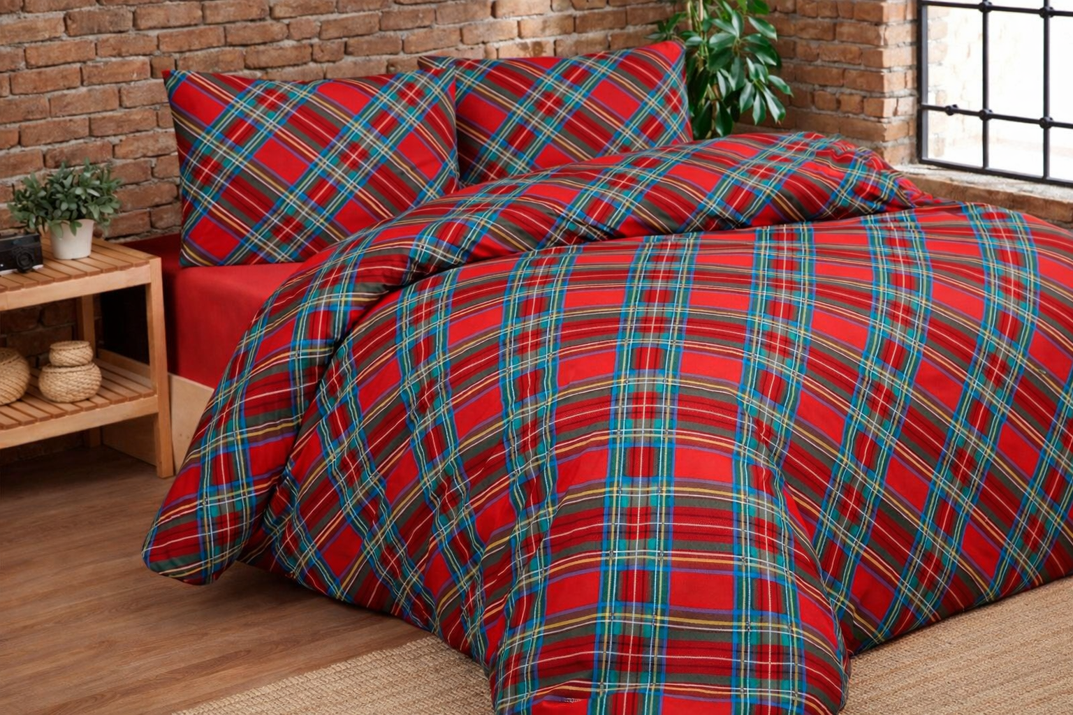 Parure Copripiumino Double Cotone Stampato TARTAN Letto Daunex Matrimoniale Rosso