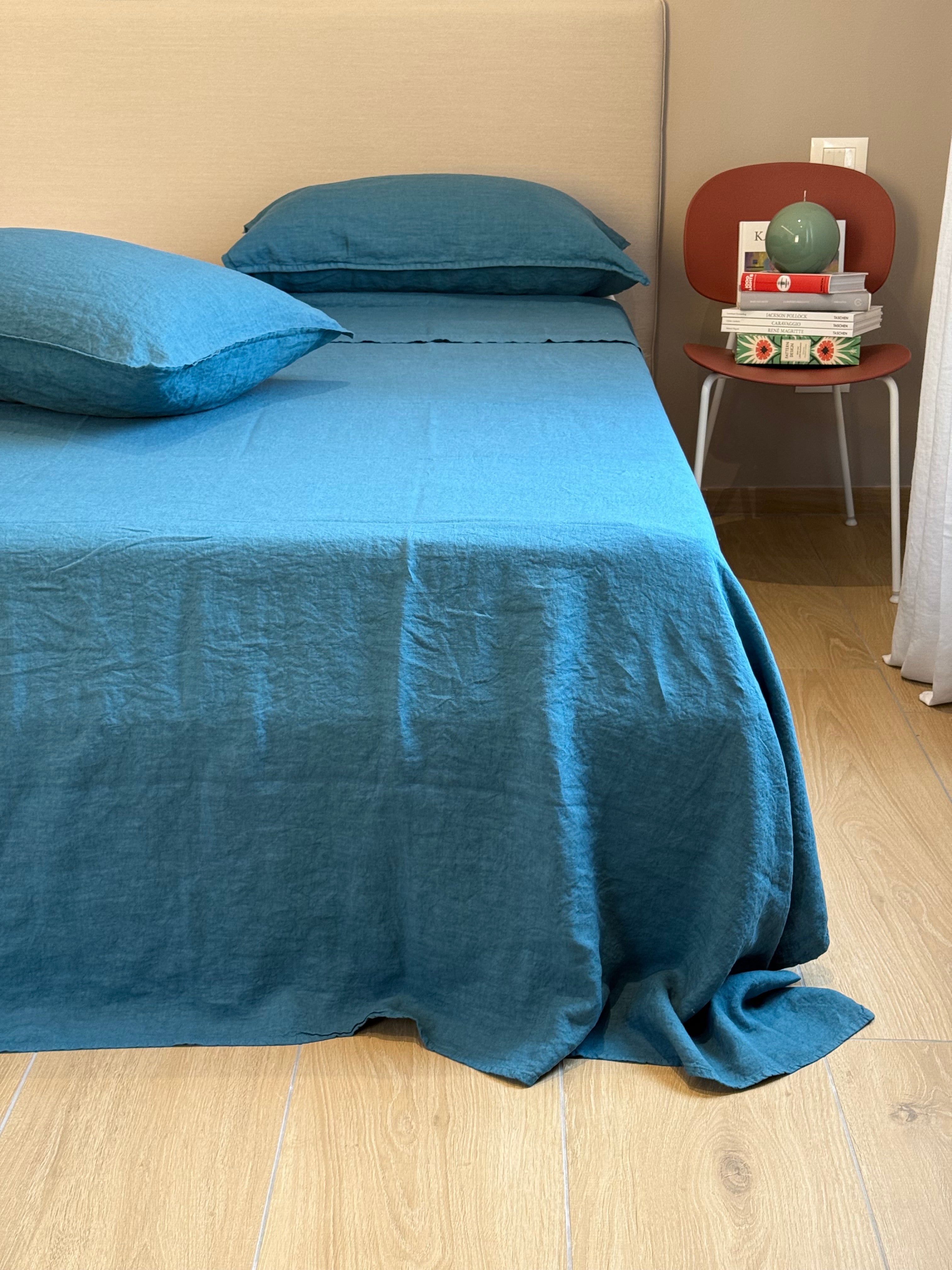 Parure Lenzuola No-Stiro PURO LINO Letto Moreali Tessile Casa Matrimoniale Ottanio