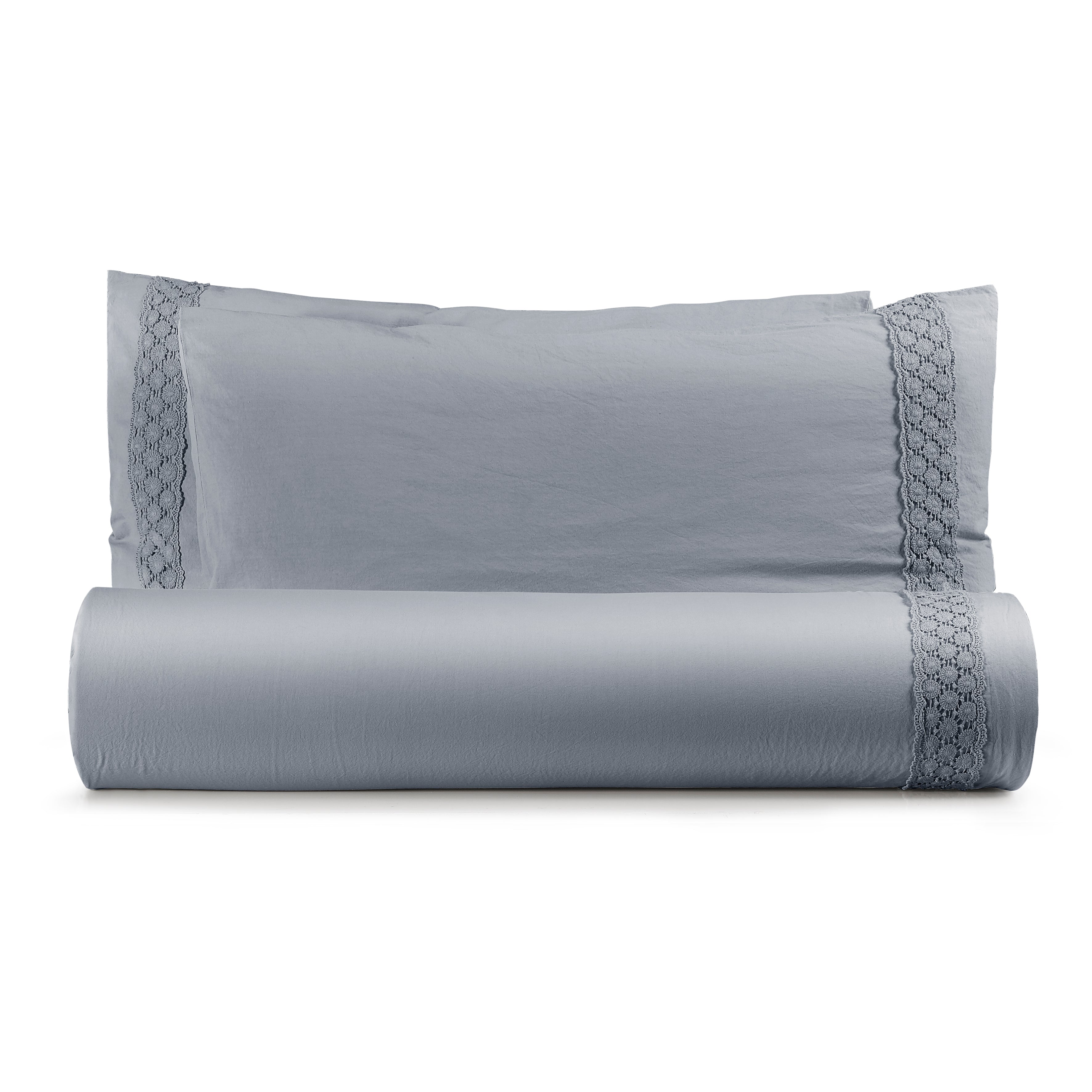 Parure Lenzuola Cotone No-Stiro PIZZO CROCHET Letto Moreali Tessile Casa Matrimoniale 250 x 295 Grigio