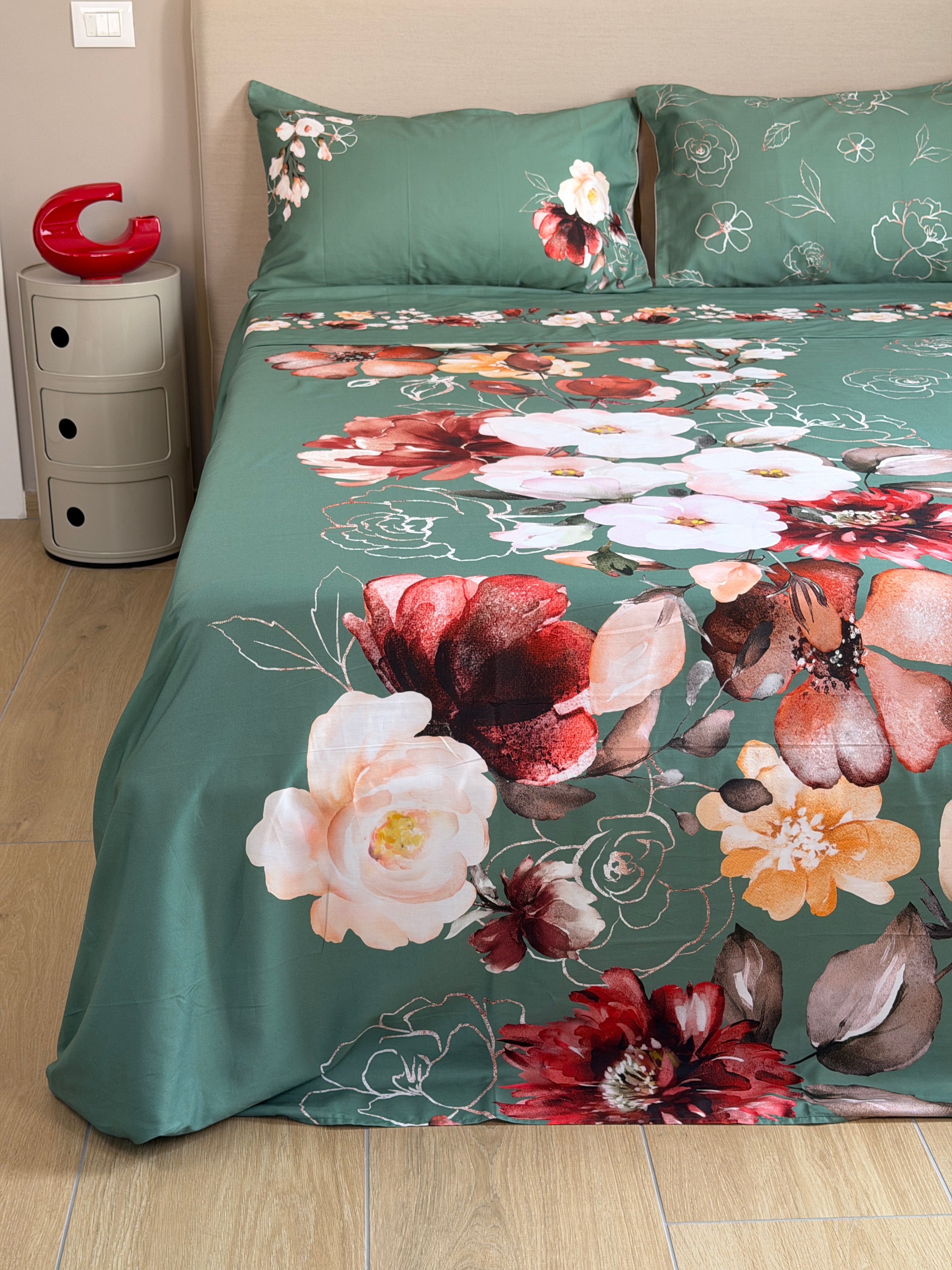 Parure Lenzuola Copriletto Raso 300TC FIORI SUL LETTO - VITTORIA Letto Moreali Tessile Casa Matrimoniale Verde