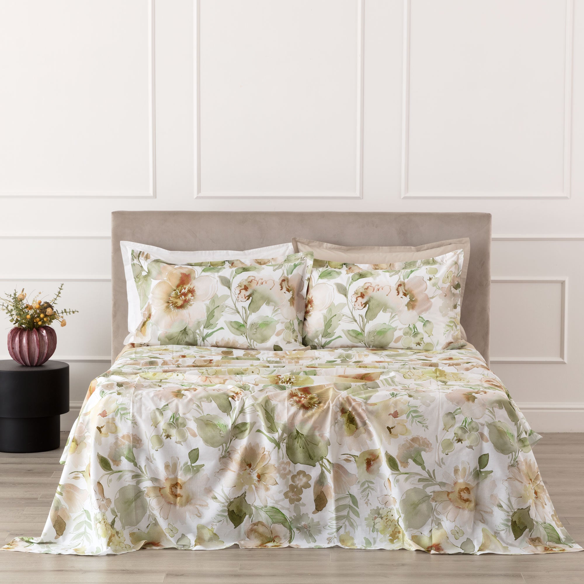 Completo Lenzuola Copriletto Percalle Stampato MELIKA Letto Riviera Matrimoniale Salvia