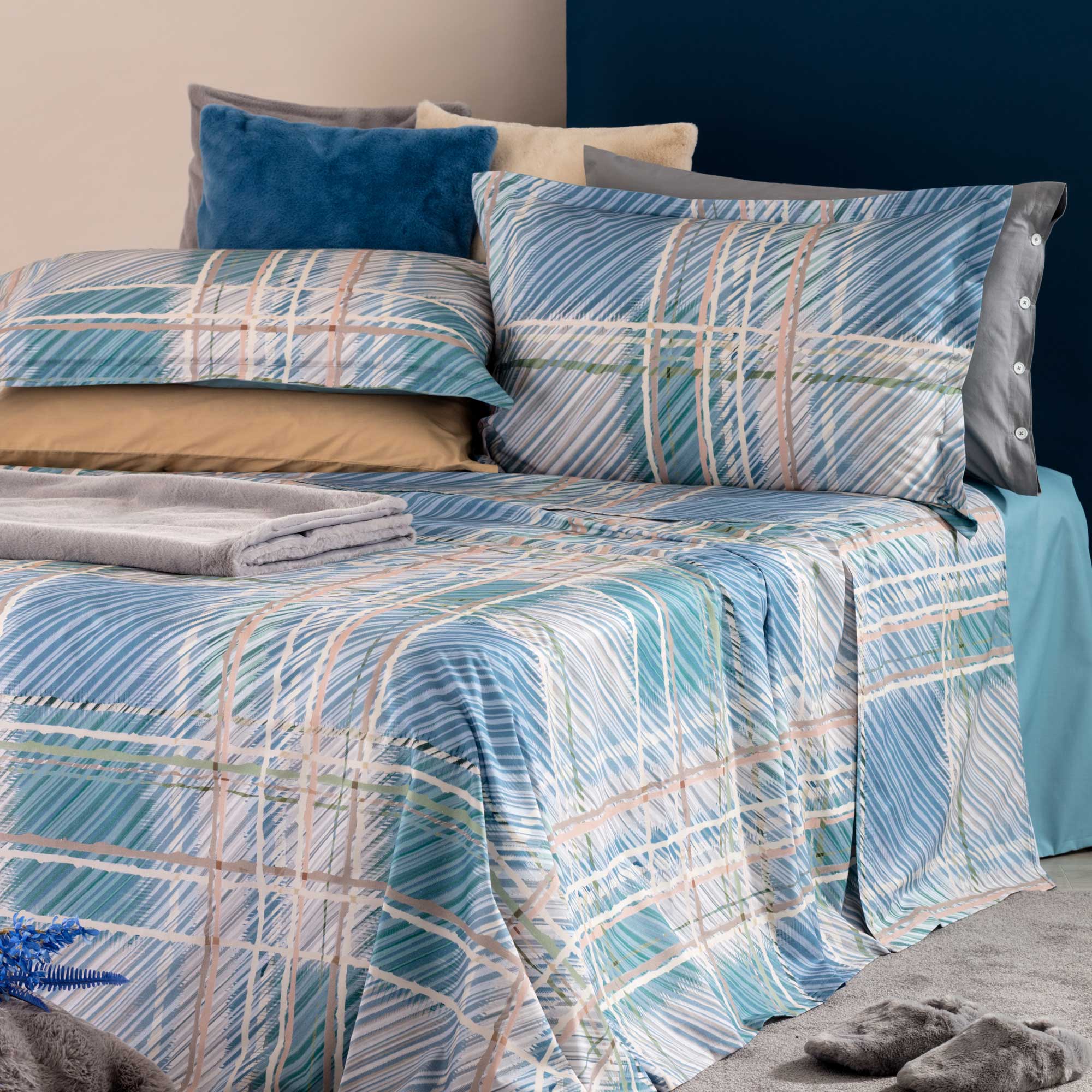 Completo Lenzuola Copriletto Percalle Stampa Digitale Yuta Letto Riviera