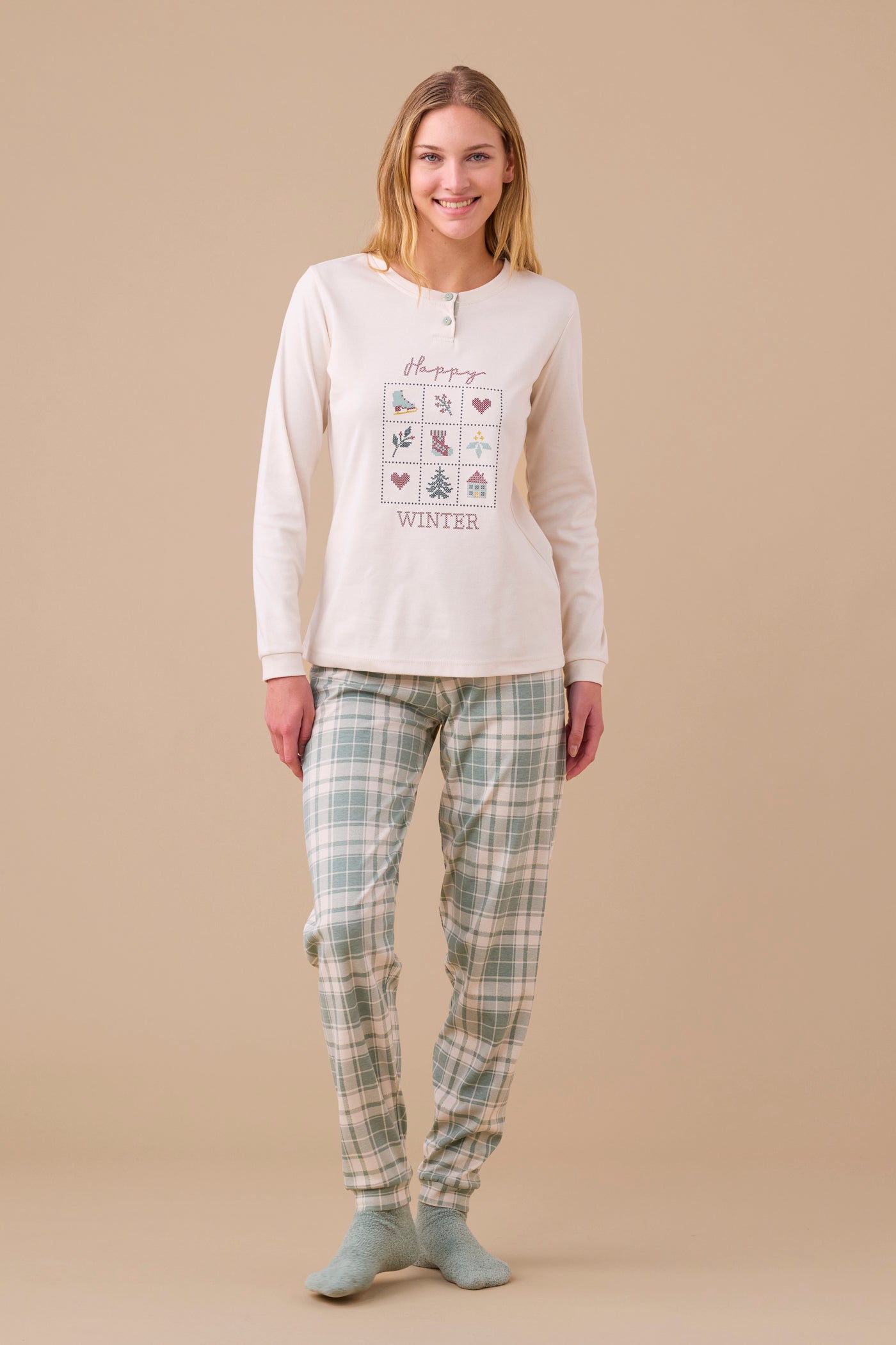 Pigiama Donna Caldo Cotone Winter FA9282 Abbigliamento noidinotte XS Beige