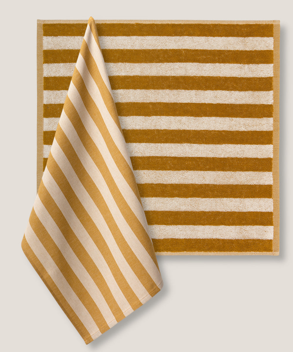 Set Canovacci Tela+Spugna RIGHE Cucina Moreali Tessile Casa 50 x 70 / 50 x 50 Ocra