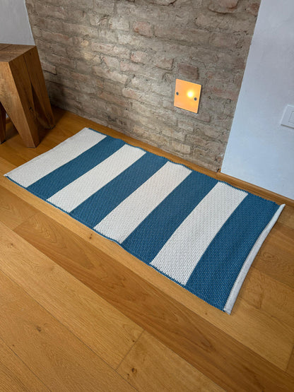 Tappeto Artigianale Lino/Cotone STRIPES Soggiorno Moreali Tessile Casa 60 x 90 Denim/Ecrù