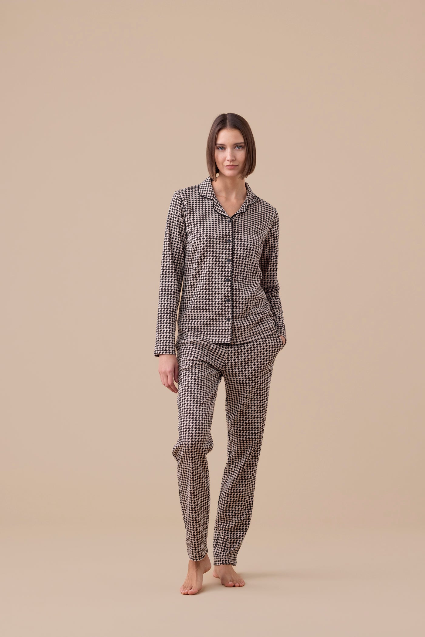 Pigiama Donna Caldo Cotone Pied-de-Poule Abbigliamento noidinotte XS Tortora