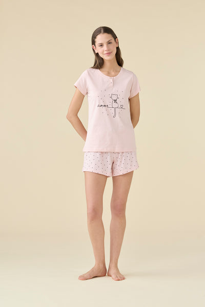 Pigiama Donna Corto Cotone Amour Cat Abbigliamento Moreali Tessile Casa XS Rosa