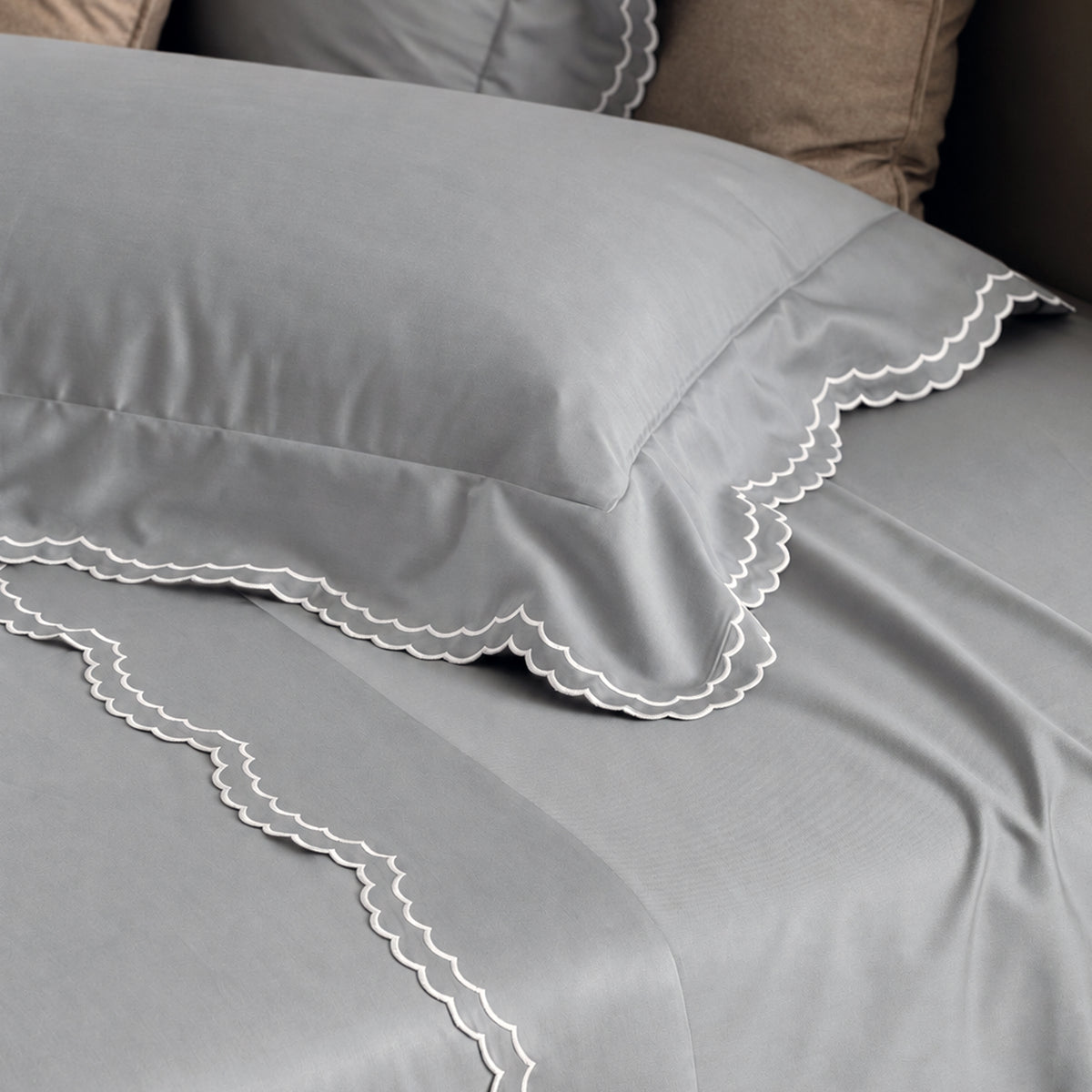 Parure Lenzuola Percalle Ricamato Hotellerie - MERLETTO Letto Moreali Tessile Casa Matrimoniale Grigio/Bianco